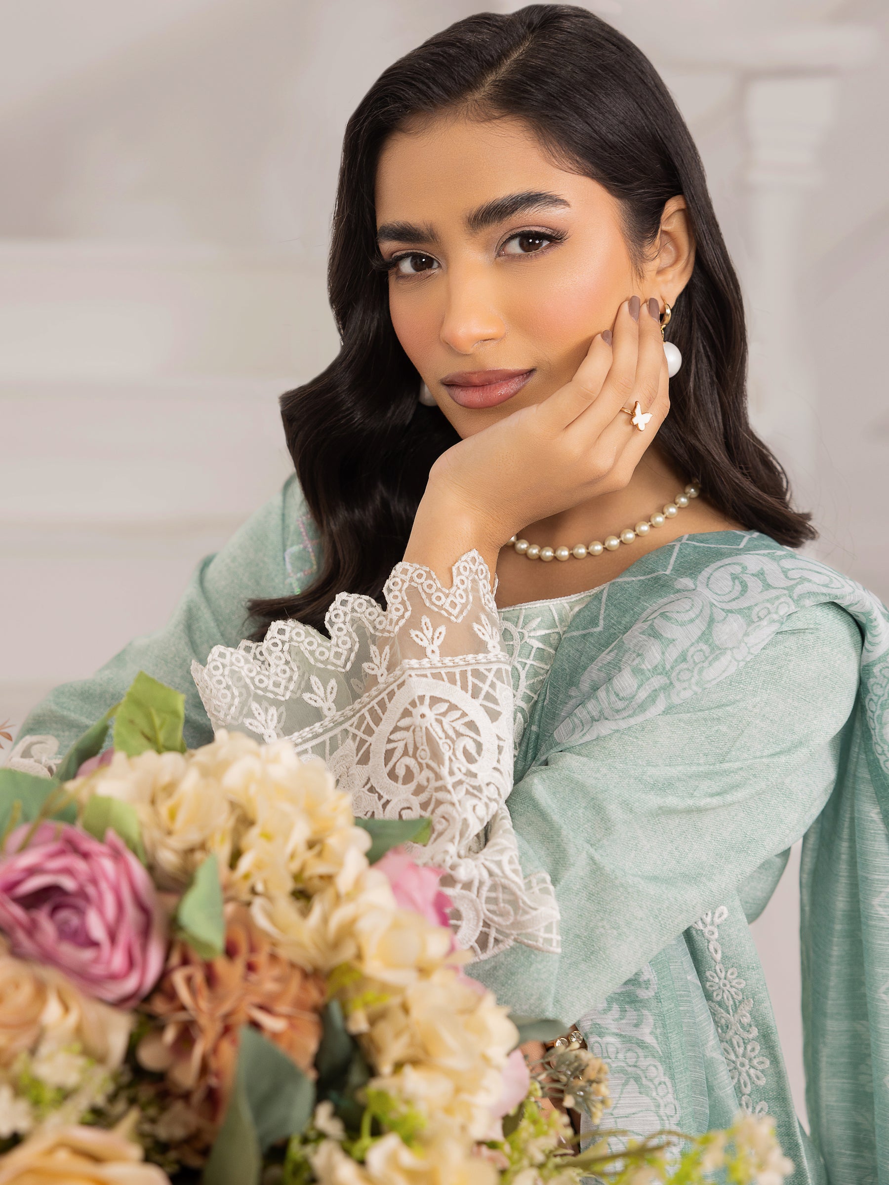 Mint Embroidered Silk Lawn Salwar Kameez (3-Piece) - Image 21