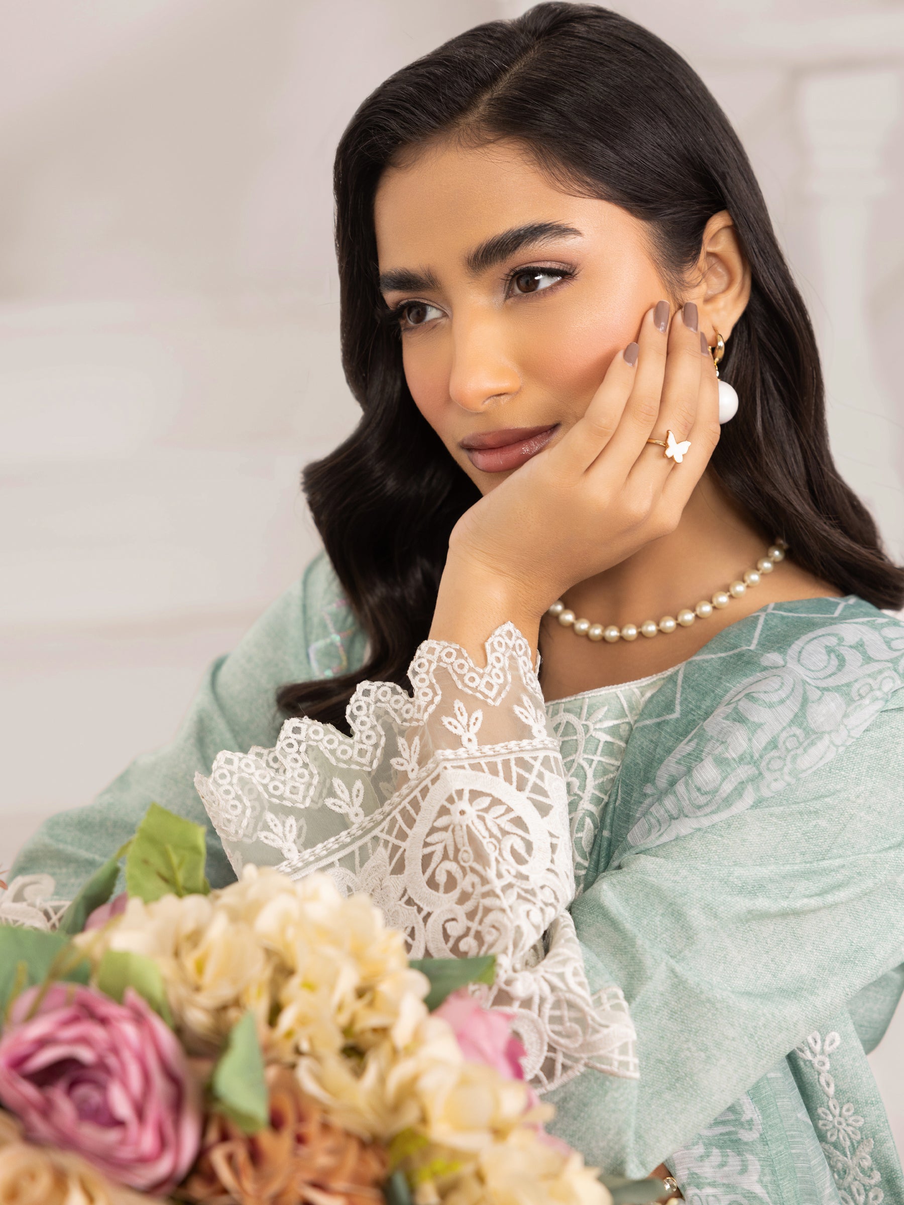 Mint Embroidered Silk Lawn Salwar Kameez (3-Piece) - Image 22