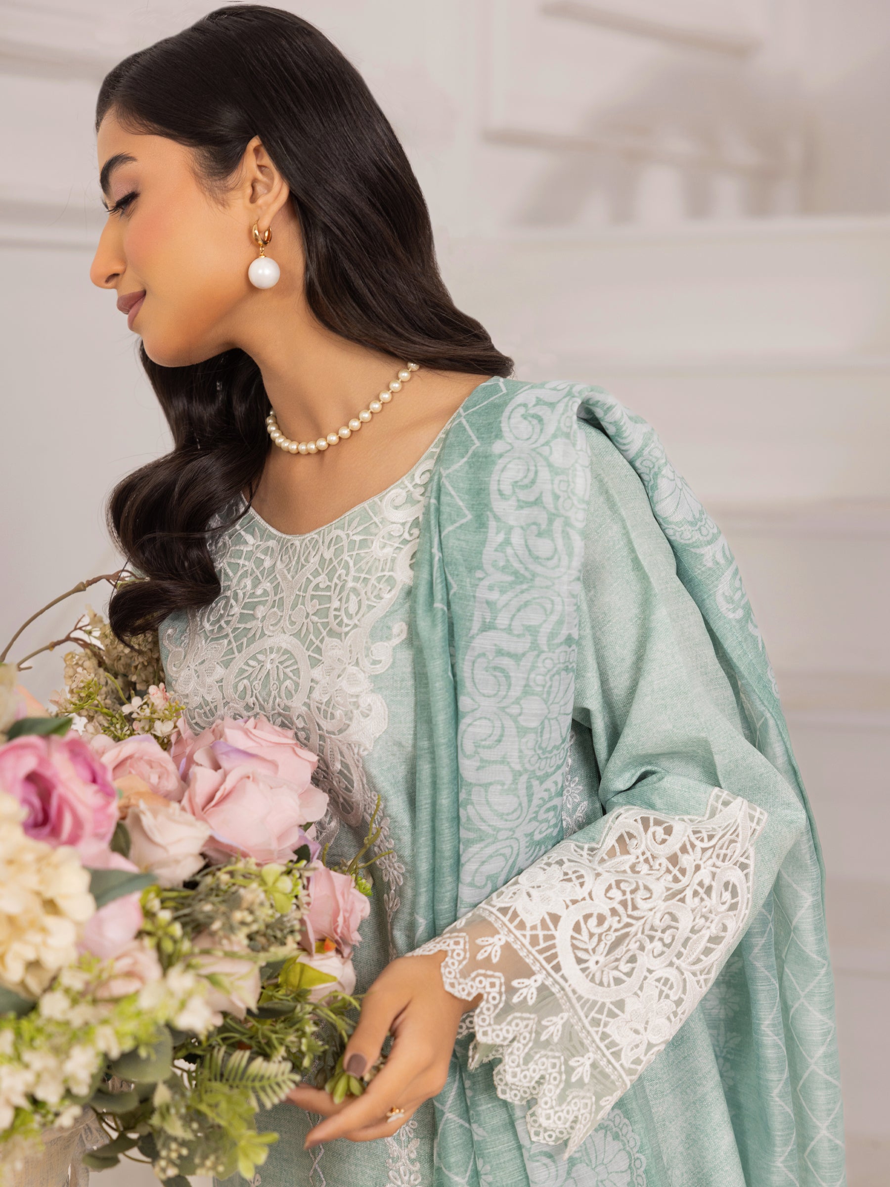 Mint Embroidered Silk Lawn Salwar Kameez (3-Piece) - Image 25