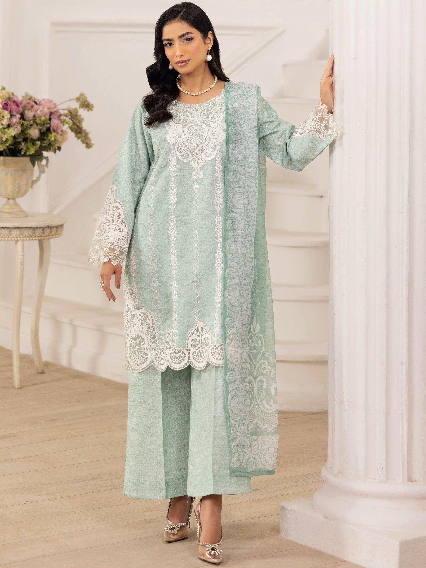 Mint Embroidered Silk Lawn Salwar Kameez (3-Piece) - Image 3