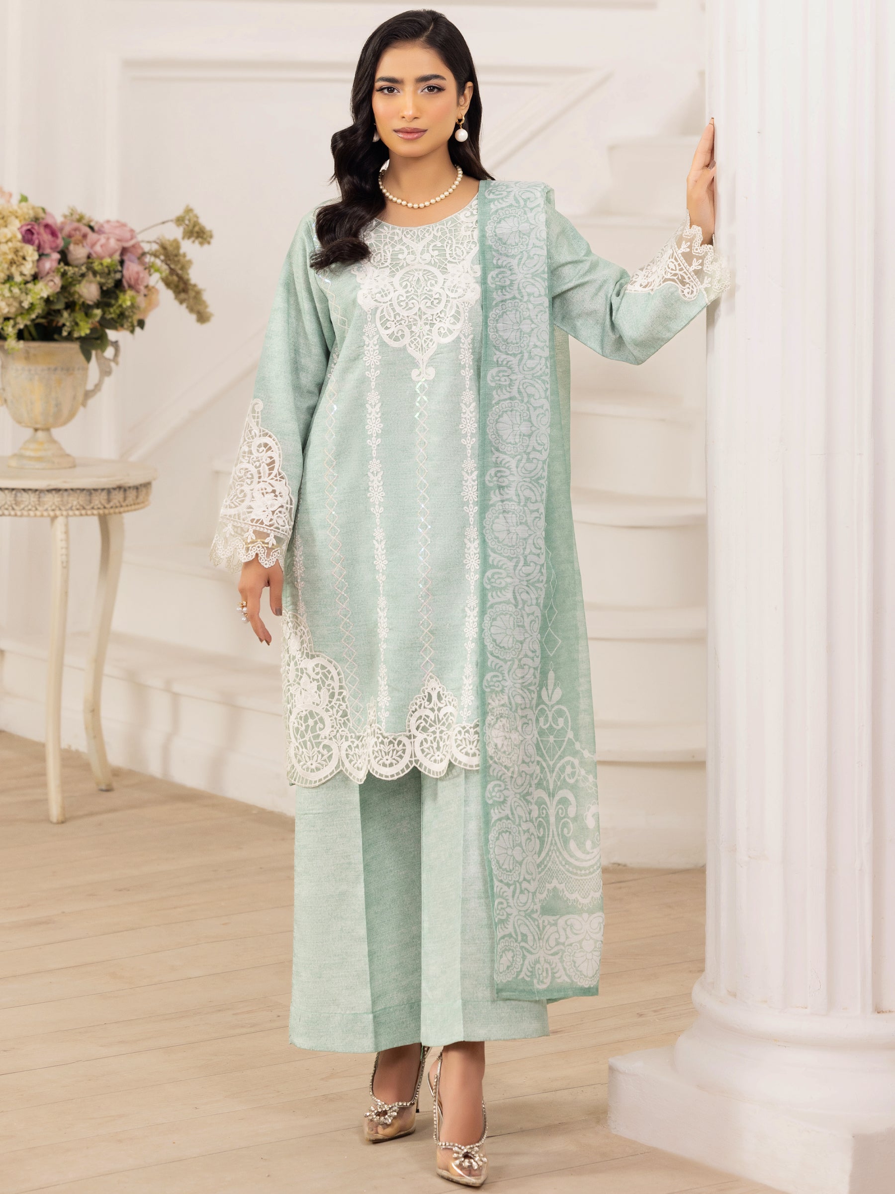 Mint Embroidered Silk Lawn Salwar Kameez (3-Piece) - Image 4