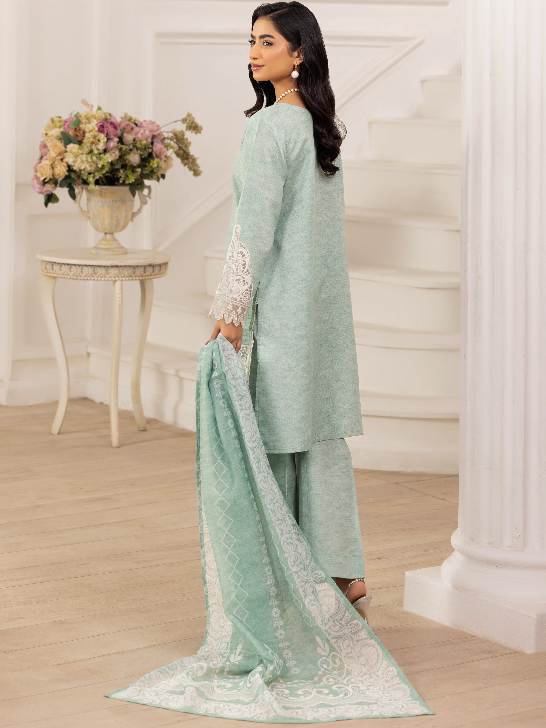 Mint Embroidered Silk Lawn Salwar Kameez (3-Piece) - Image 5