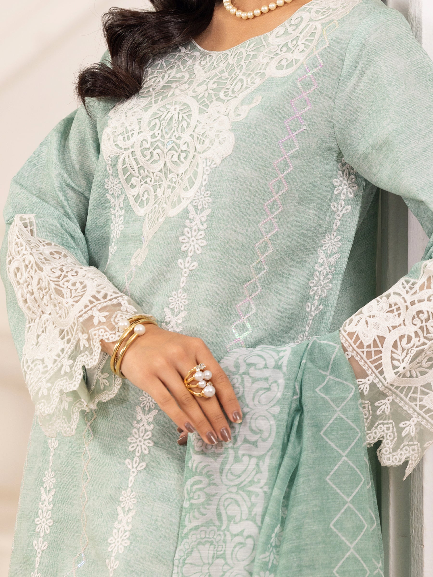 Mint Embroidered Silk Lawn Salwar Kameez (3-Piece) - Image 7