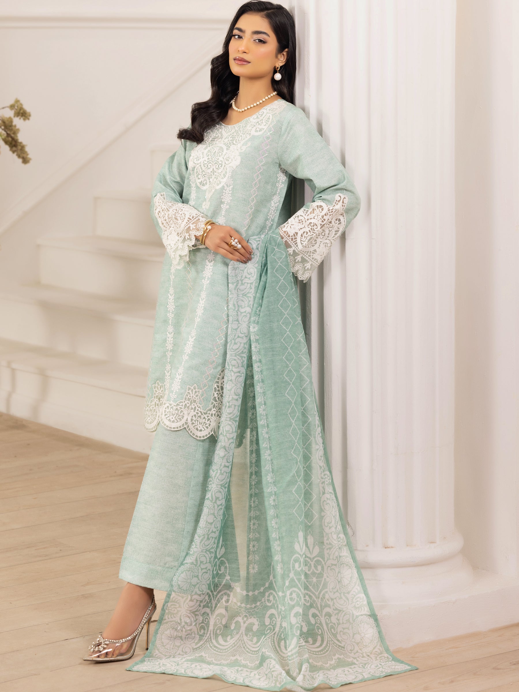Mint Embroidered Silk Lawn Salwar Kameez (3-Piece) - Image 8
