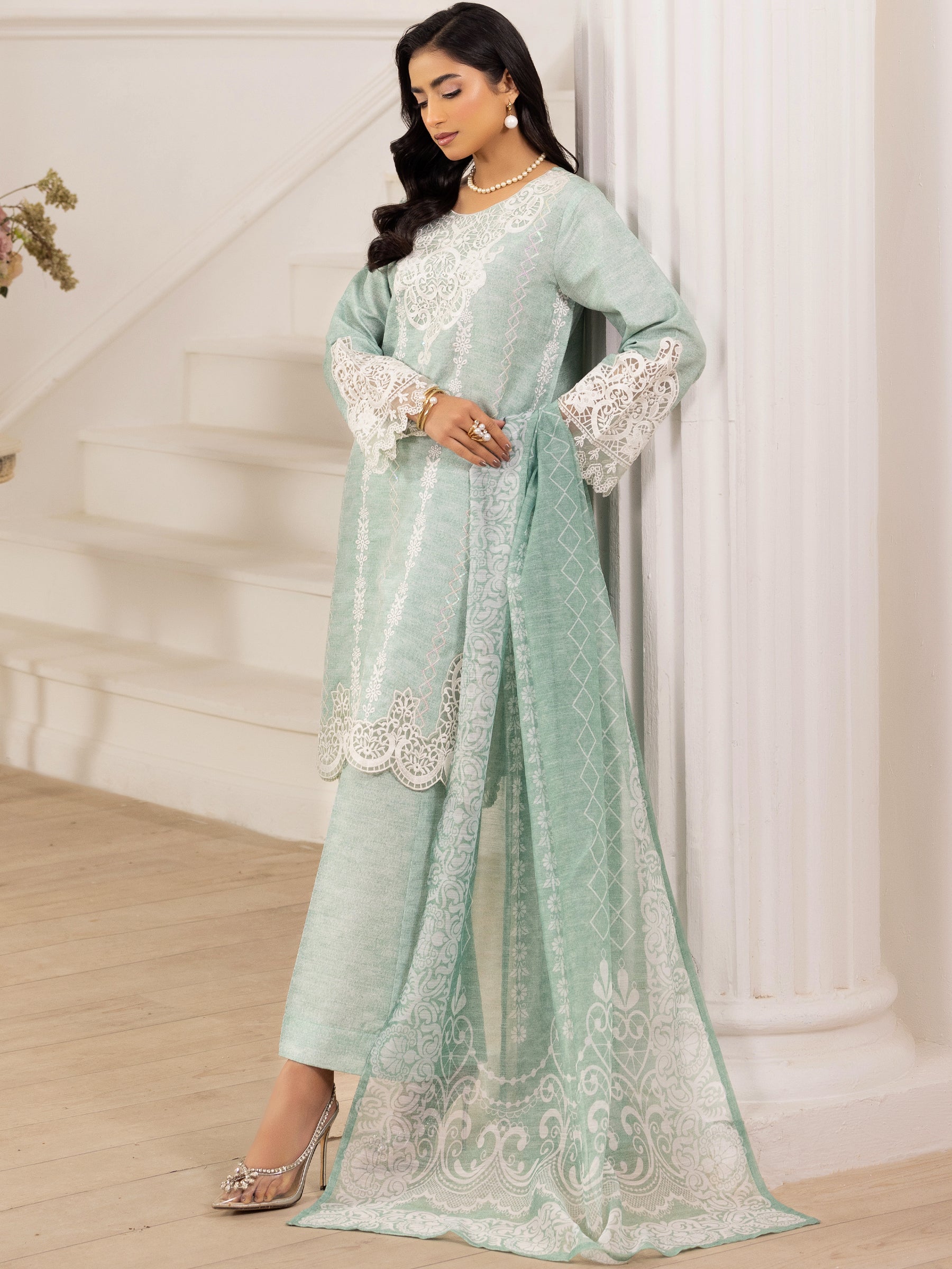 Mint Embroidered Silk Lawn Salwar Kameez (3-Piece) - Image 9