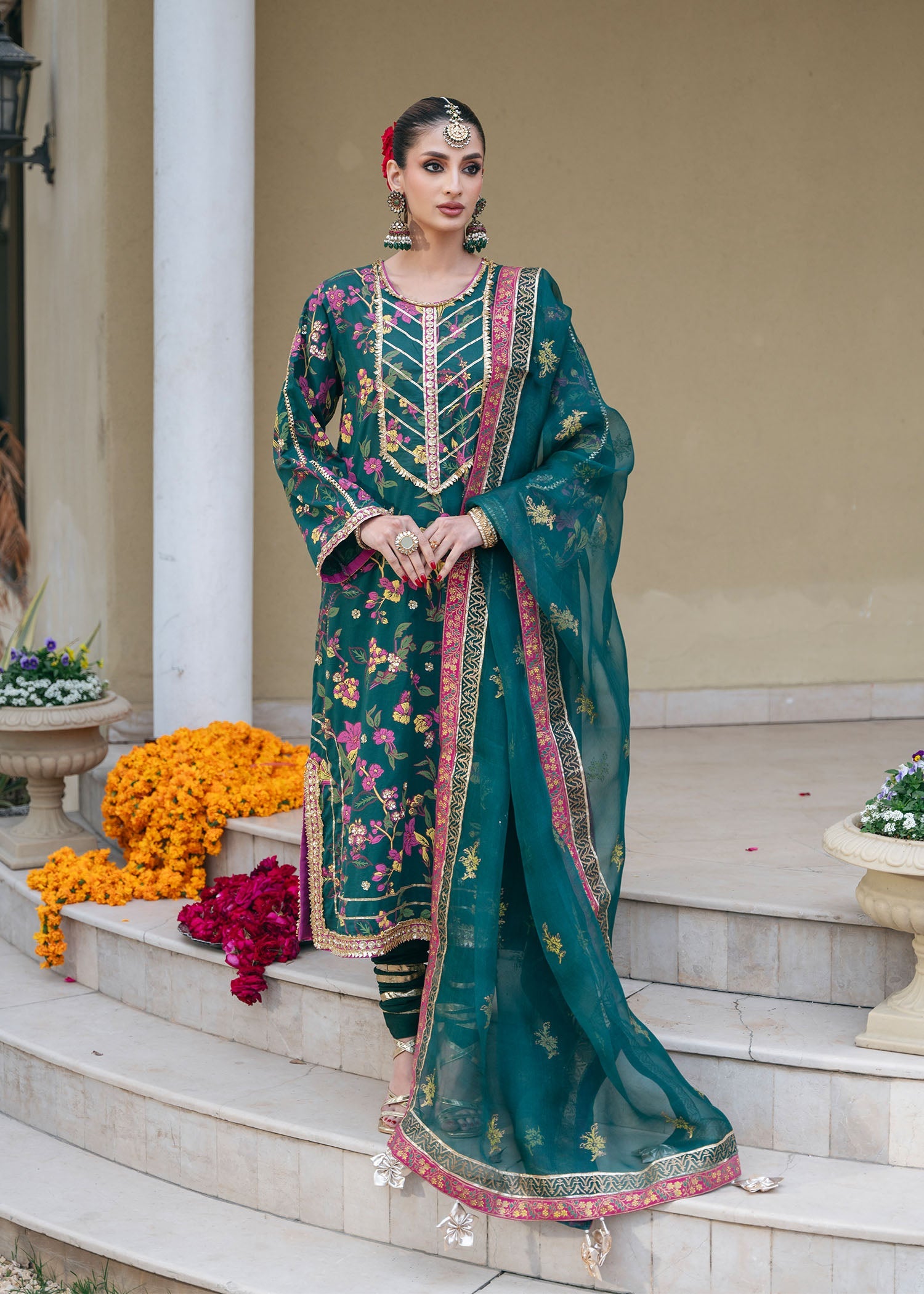 Pakistani Bottle Green Embroidered Silk Kurta Set (3-Piece) - Image 1