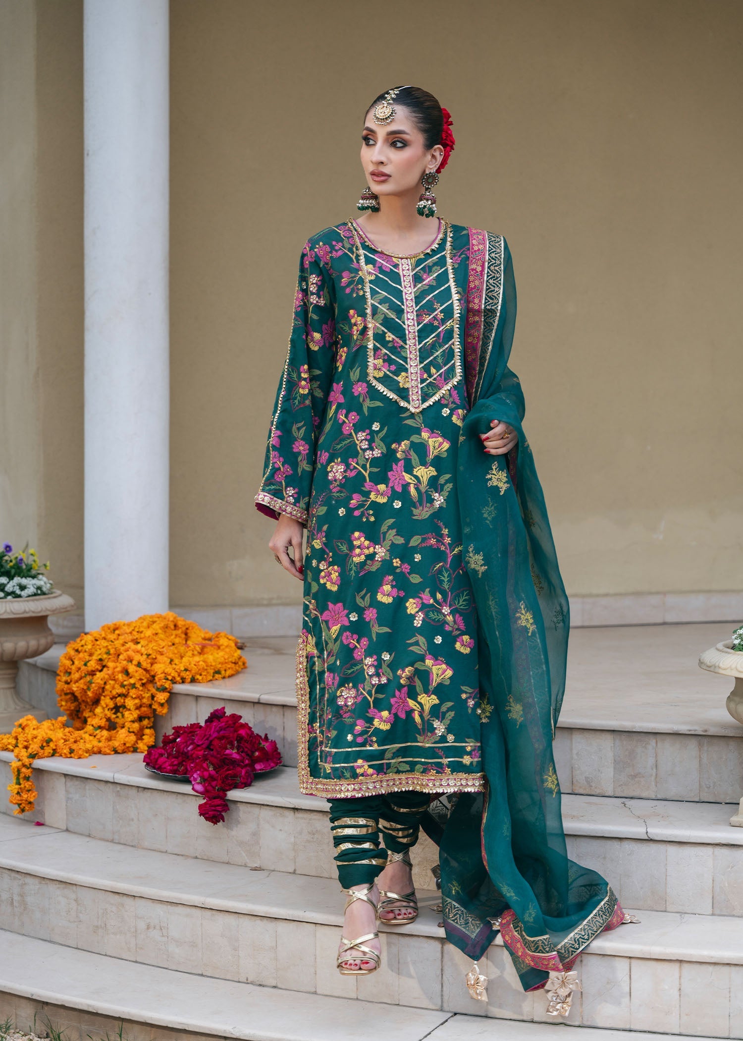 Pakistani Bottle Green Embroidered Silk Kurta Set (3-Piece) - Image 2