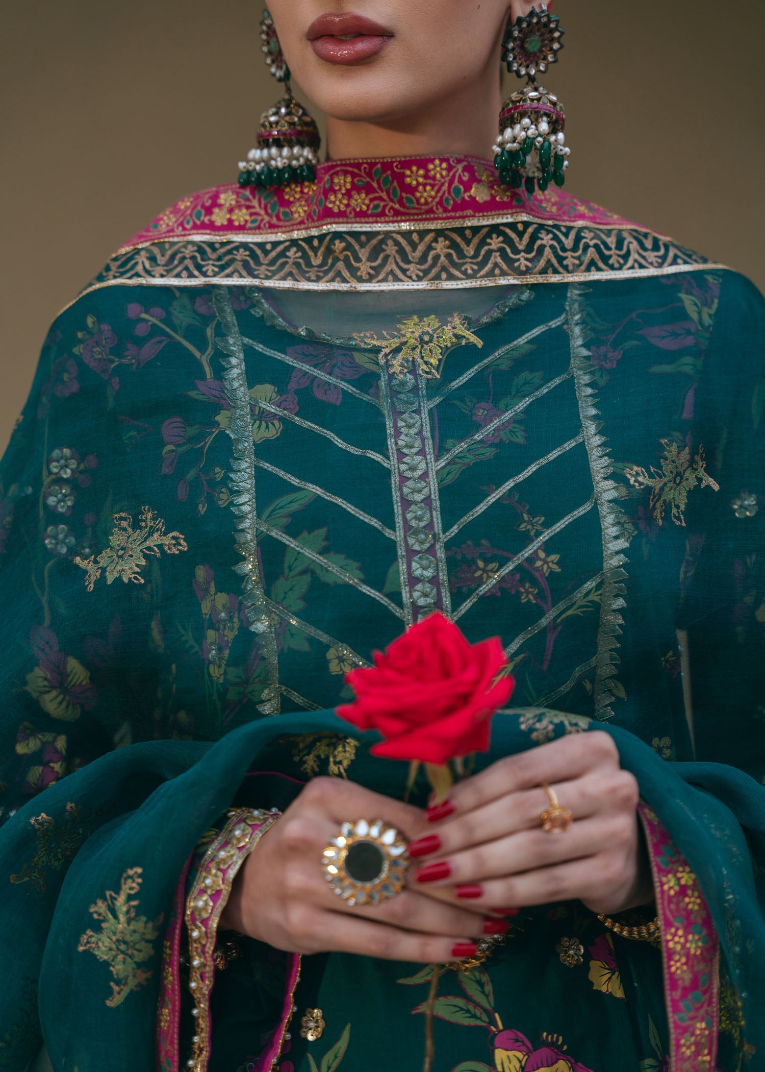 Pakistani Bottle Green Embroidered Silk Kurta Set (3-Piece) - Image 3