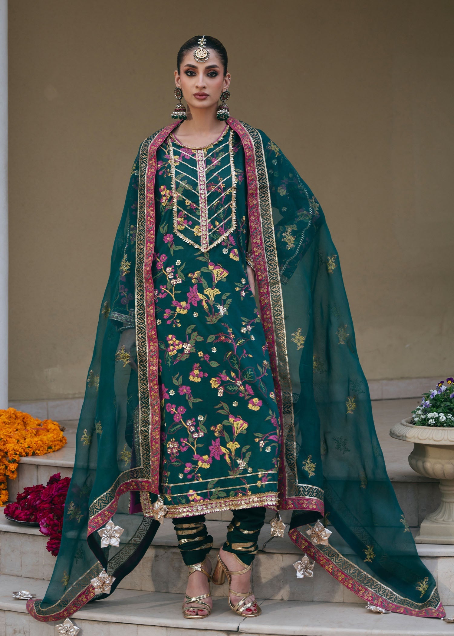 Pakistani Bottle Green Embroidered Silk Kurta Set (3-Piece) - Image 4