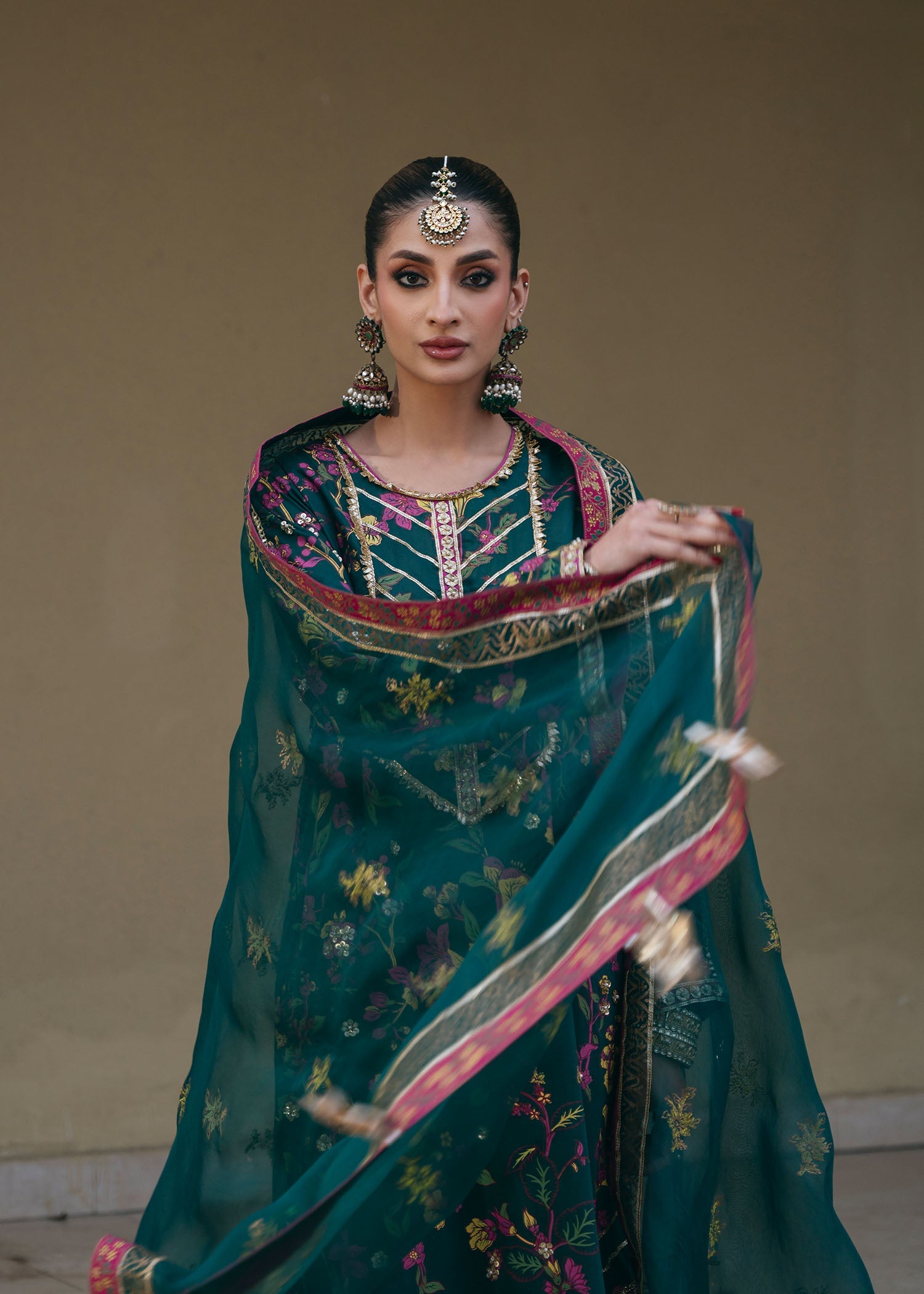 Pakistani Bottle Green Embroidered Silk Kurta Set (3-Piece) - Image 5