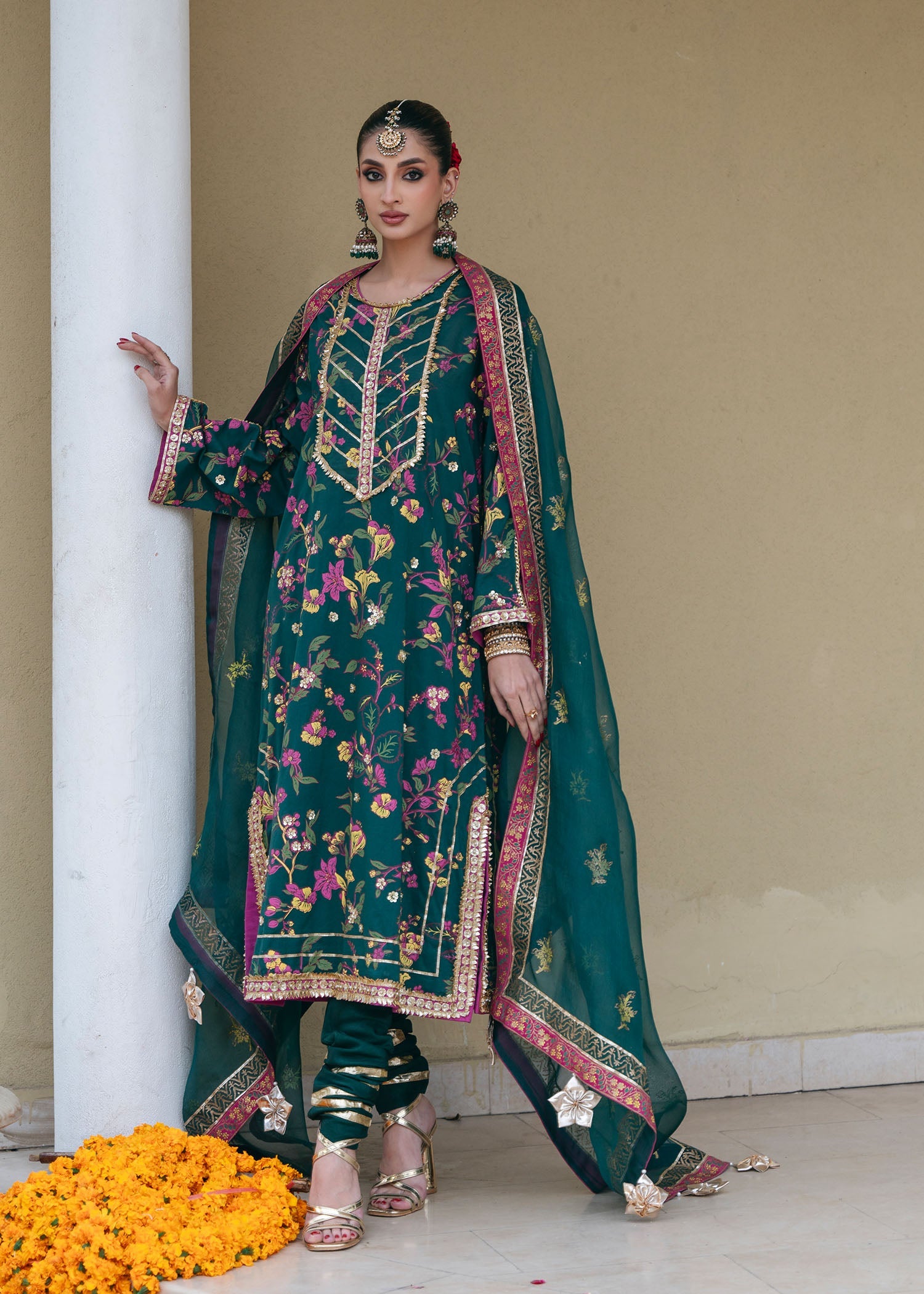 Pakistani Bottle Green Embroidered Silk Kurta Set (3-Piece) - Image 6