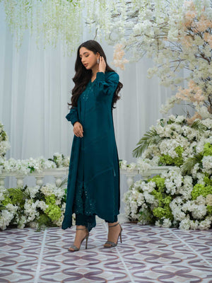 Teal Embroidered Silk Front-Open Shirt (3-Piece) - Image 1