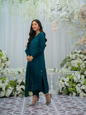 Teal Embroidered Silk Front-Open Shirt (3-Piece) - Image 2