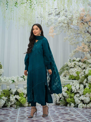 Teal Embroidered Silk Front-Open Shirt (3-Piece) - Image 3