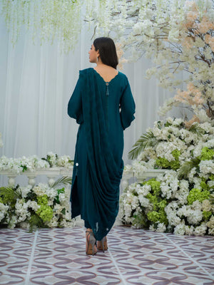 Teal Embroidered Silk Front-Open Shirt (3-Piece) - Image 4