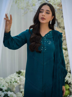 Teal Embroidered Silk Front-Open Shirt (3-Piece) - Image 5