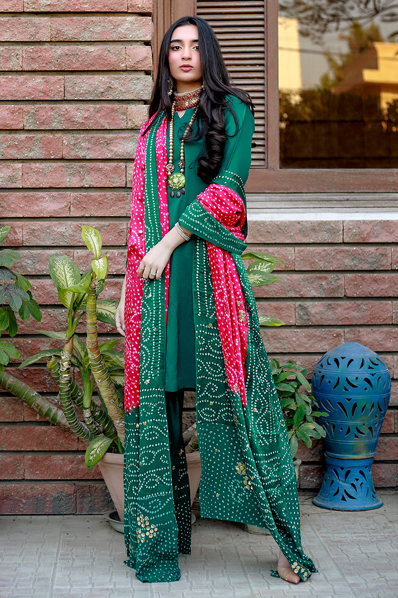 Pakistani Emerald Green Mukesh Silk Salwar Kameez (3-Piece) - Image 4