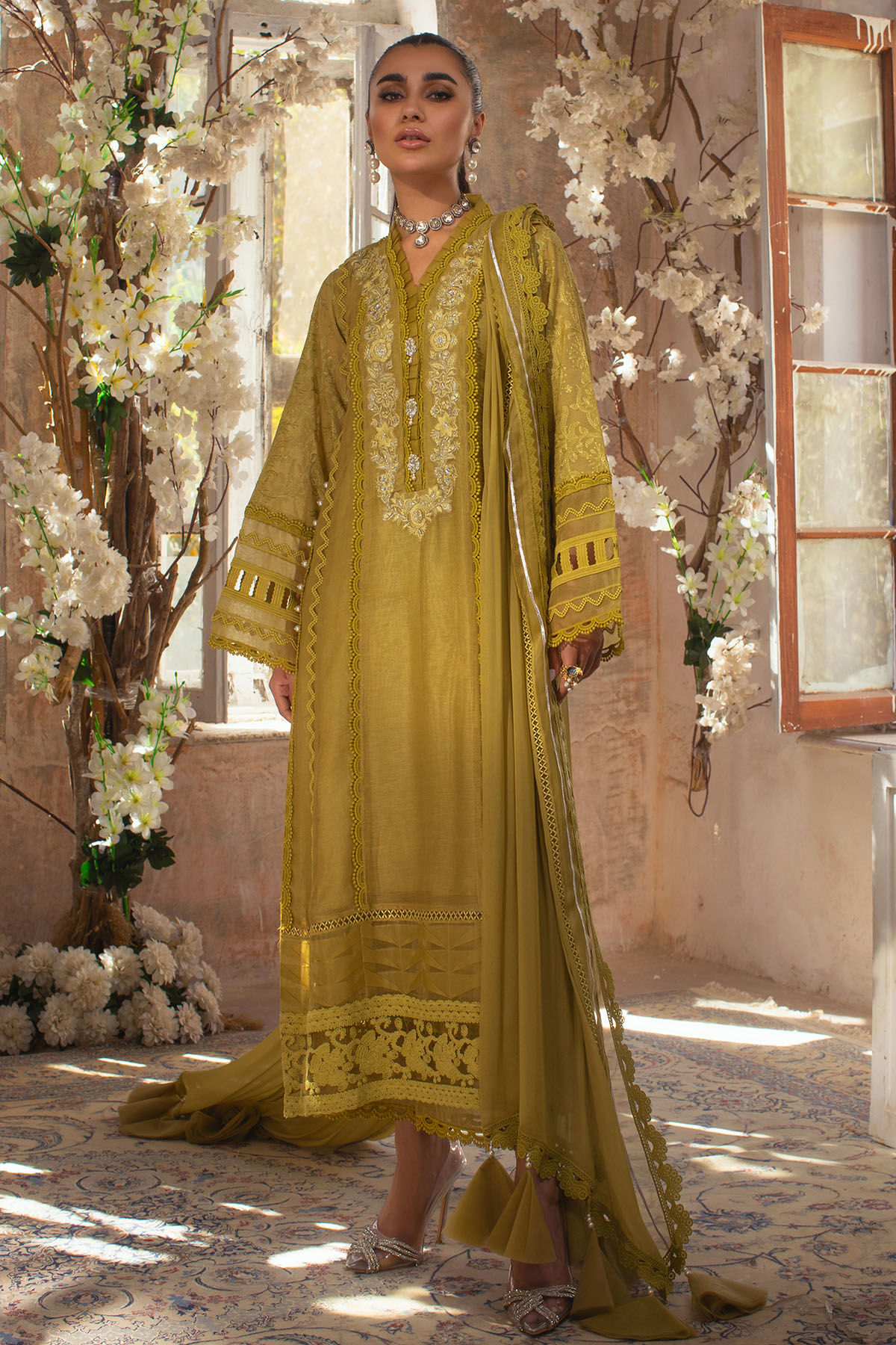 Dhani Green Embroidered Silk Net Salwar Kameez (3-Piece) - Image 1