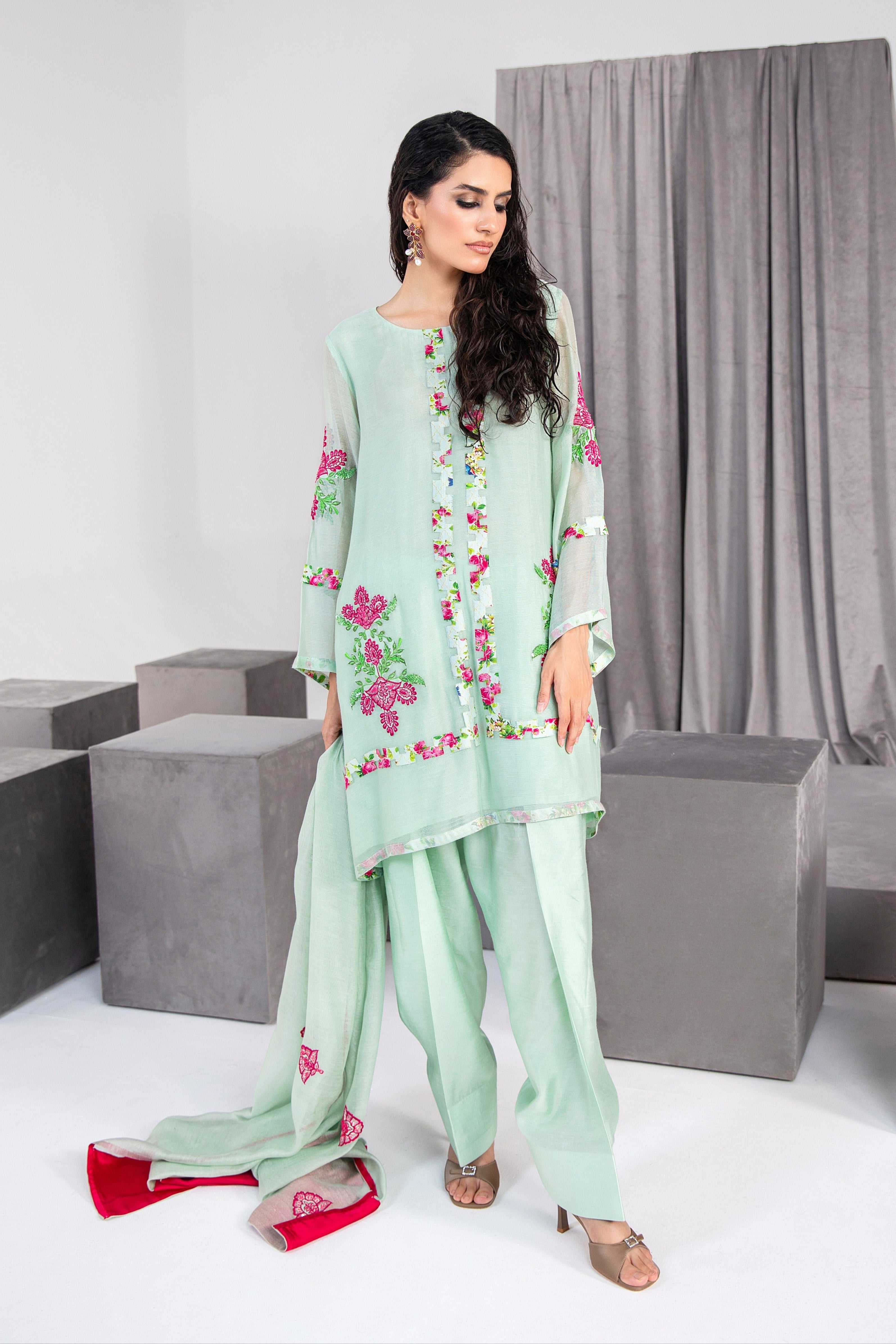 Honey Dew Embroidered Silk Net Salwar Kameez (3-Piece) - Image 1