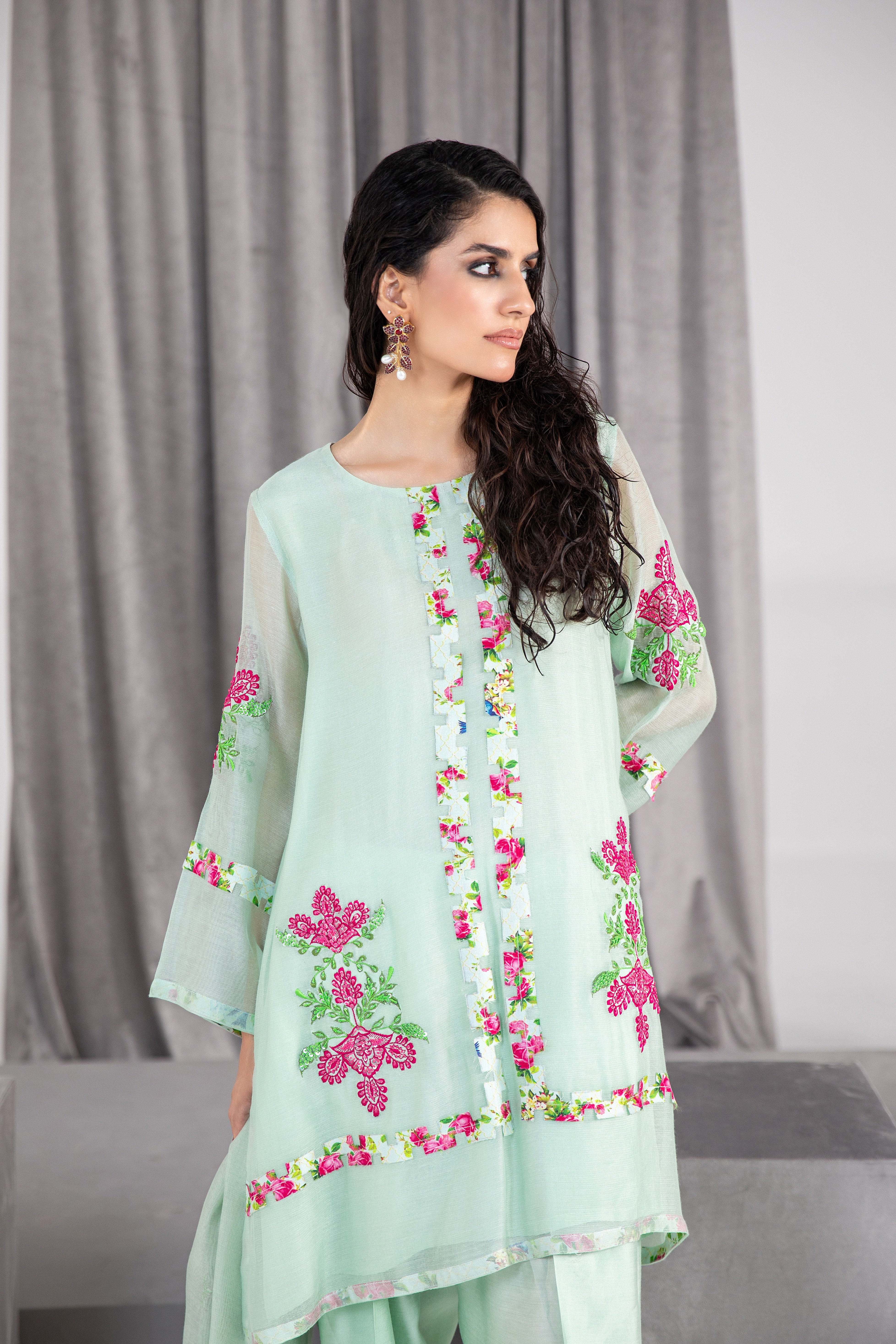 Honey Dew Embroidered Silk Net Salwar Kameez (3-Piece) - Image 2