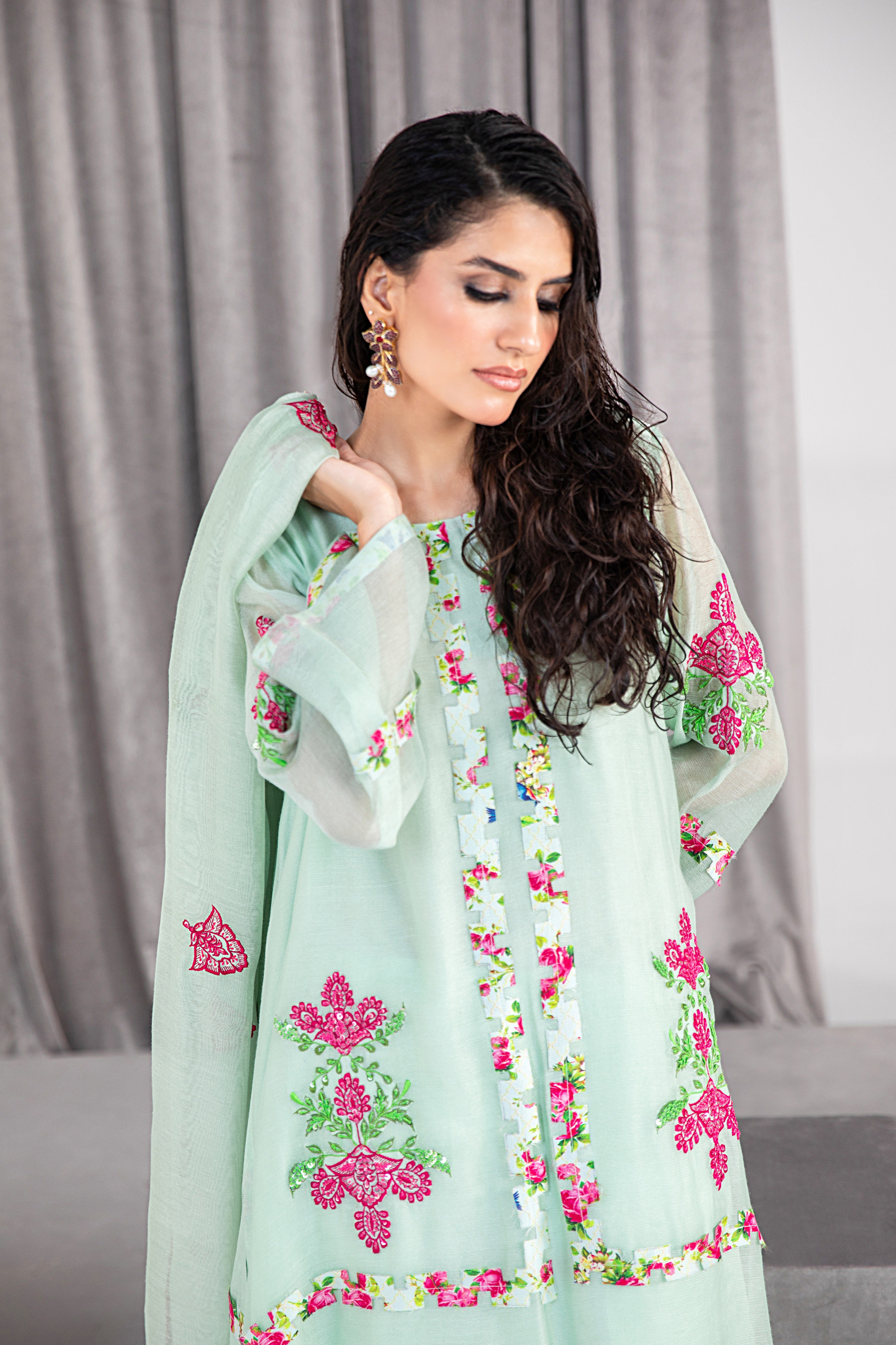 Honey Dew Embroidered Silk Net Salwar Kameez (3-Piece) - Image 3