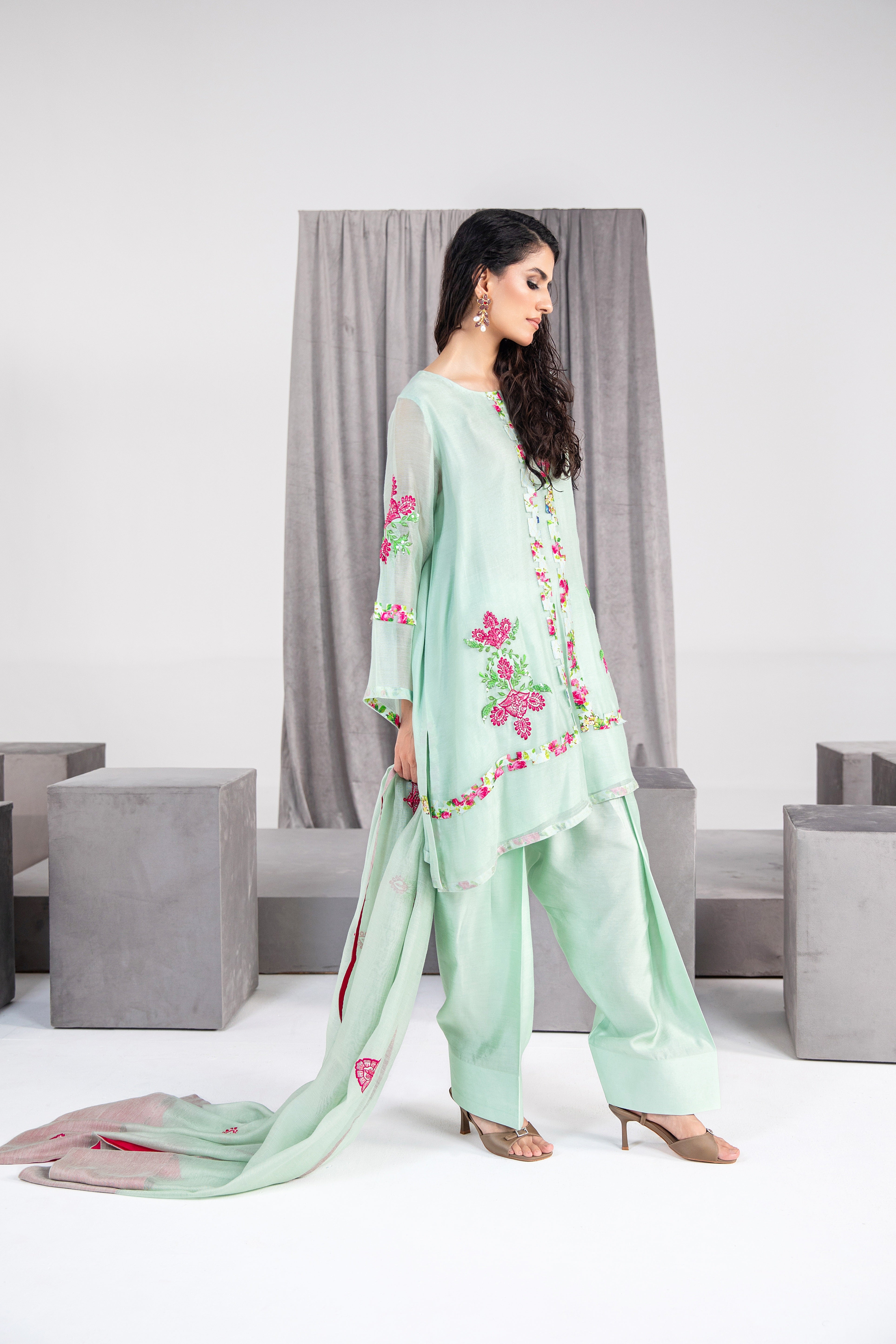 Honey Dew Embroidered Silk Net Salwar Kameez (3-Piece) - Image 4