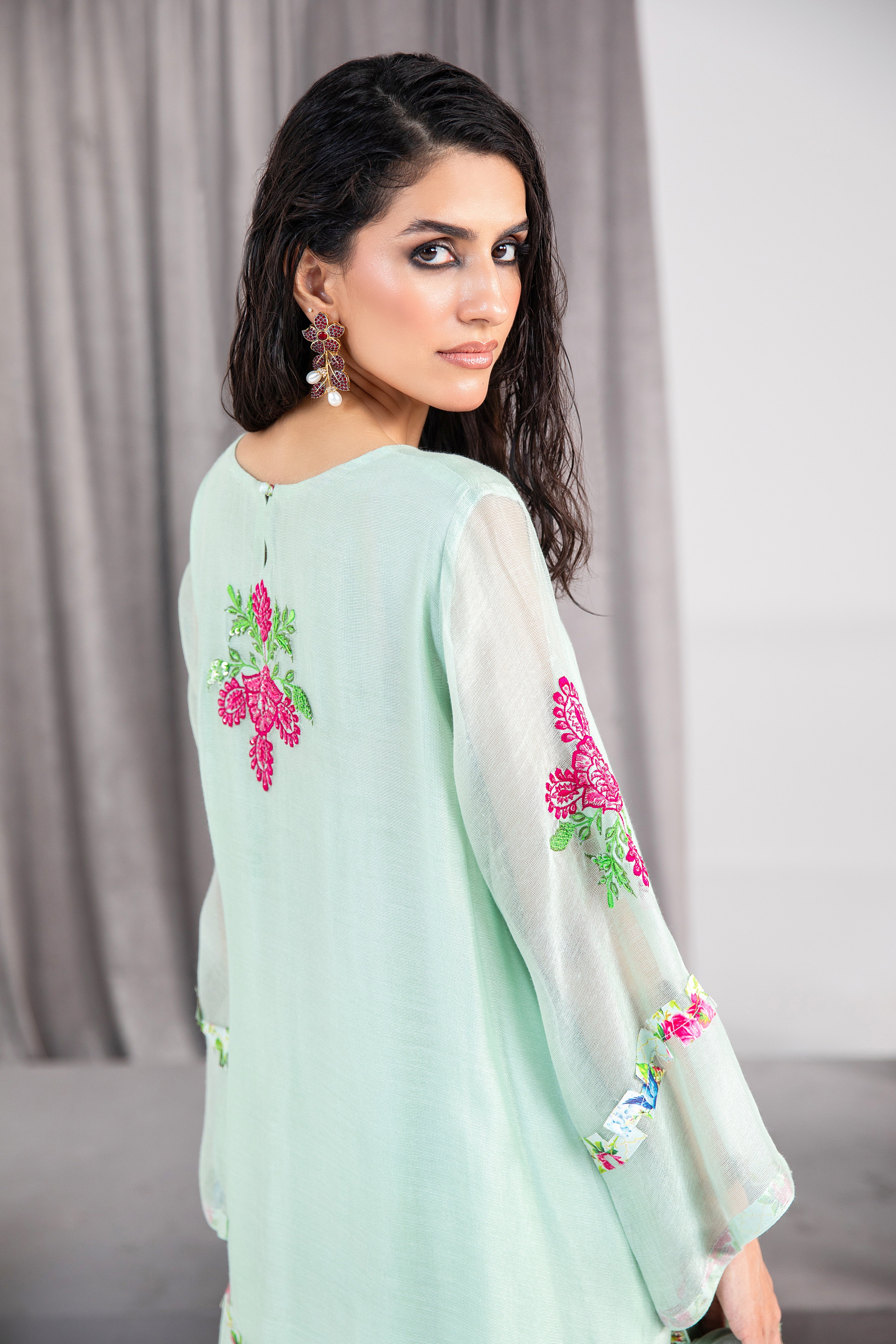 Honey Dew Embroidered Silk Net Salwar Kameez (3-Piece) - Image 5