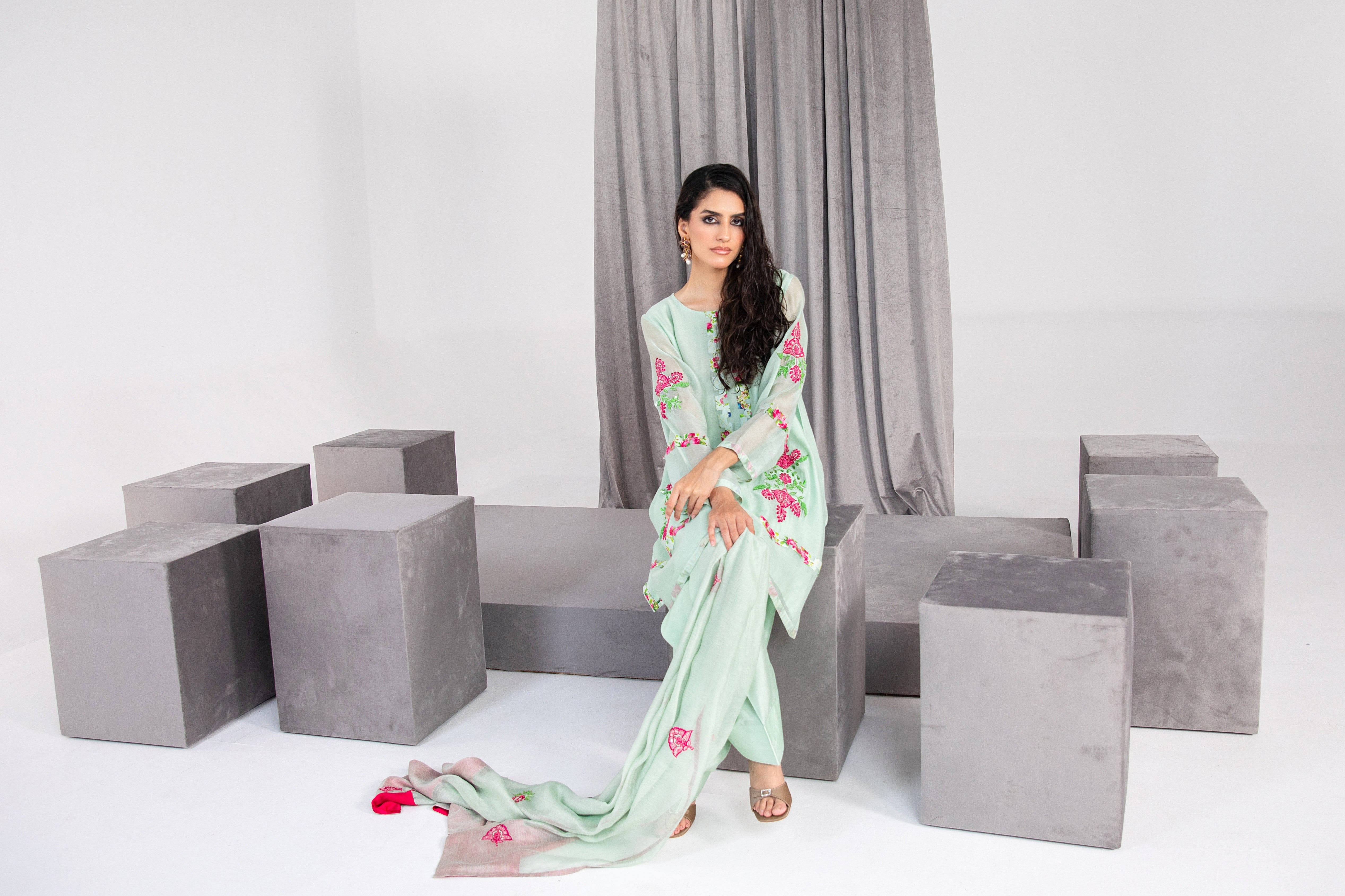 Honey Dew Embroidered Silk Net Salwar Kameez (3-Piece) - Image 6