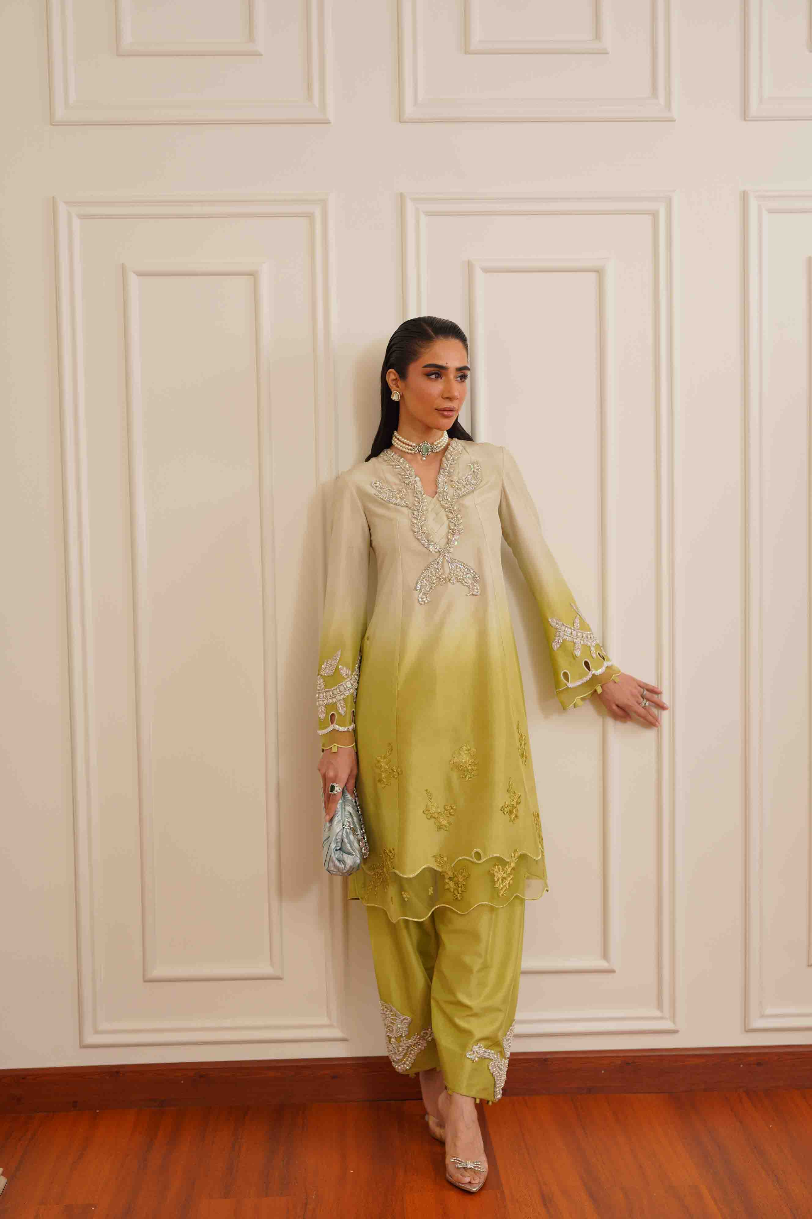 Pakistani Olive Green Ombré Embroidered Silk Salwar Kameez (3-Piece) - Image 1