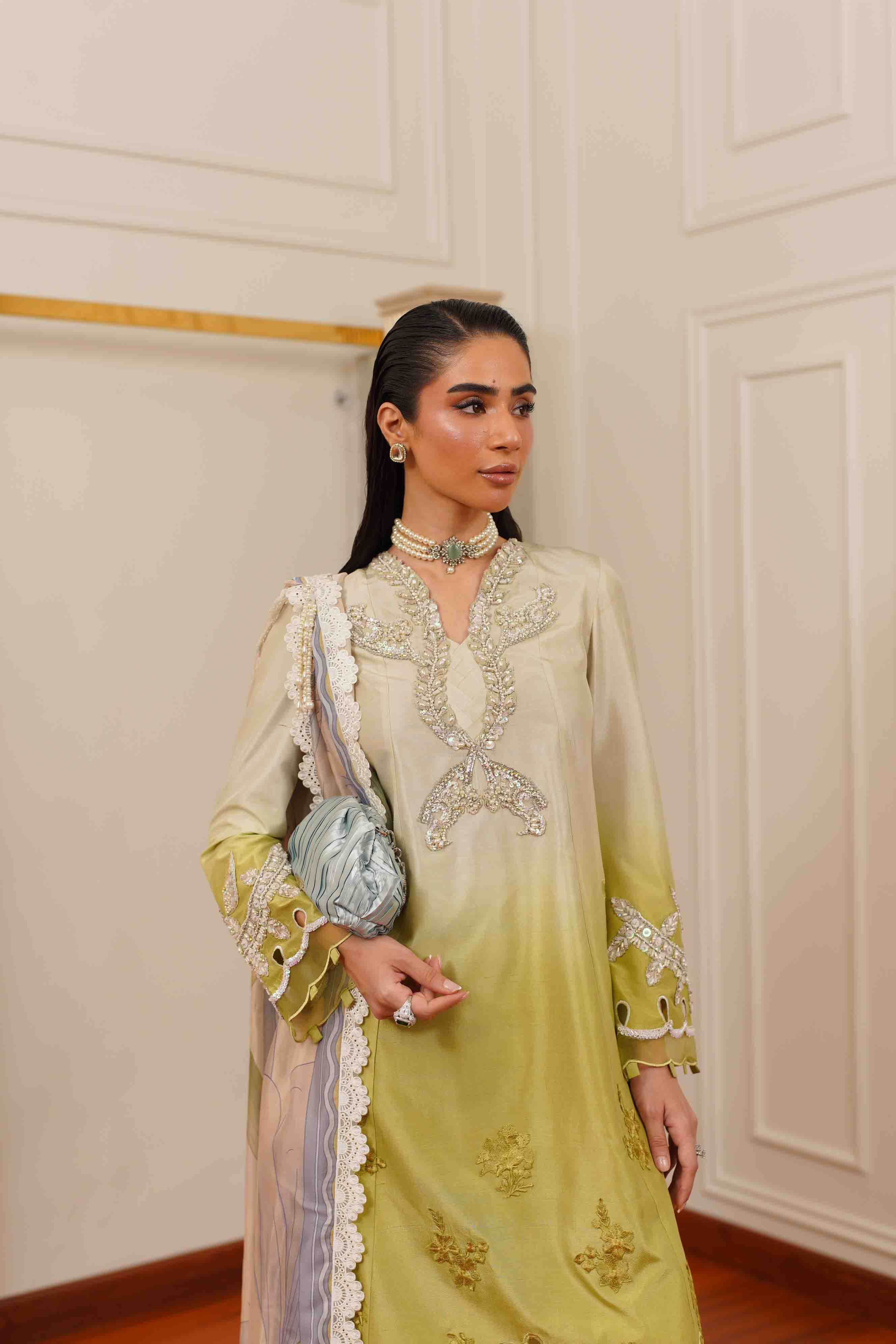 Pakistani Olive Green Ombré Embroidered Silk Salwar Kameez (3-Piece) - Image 2