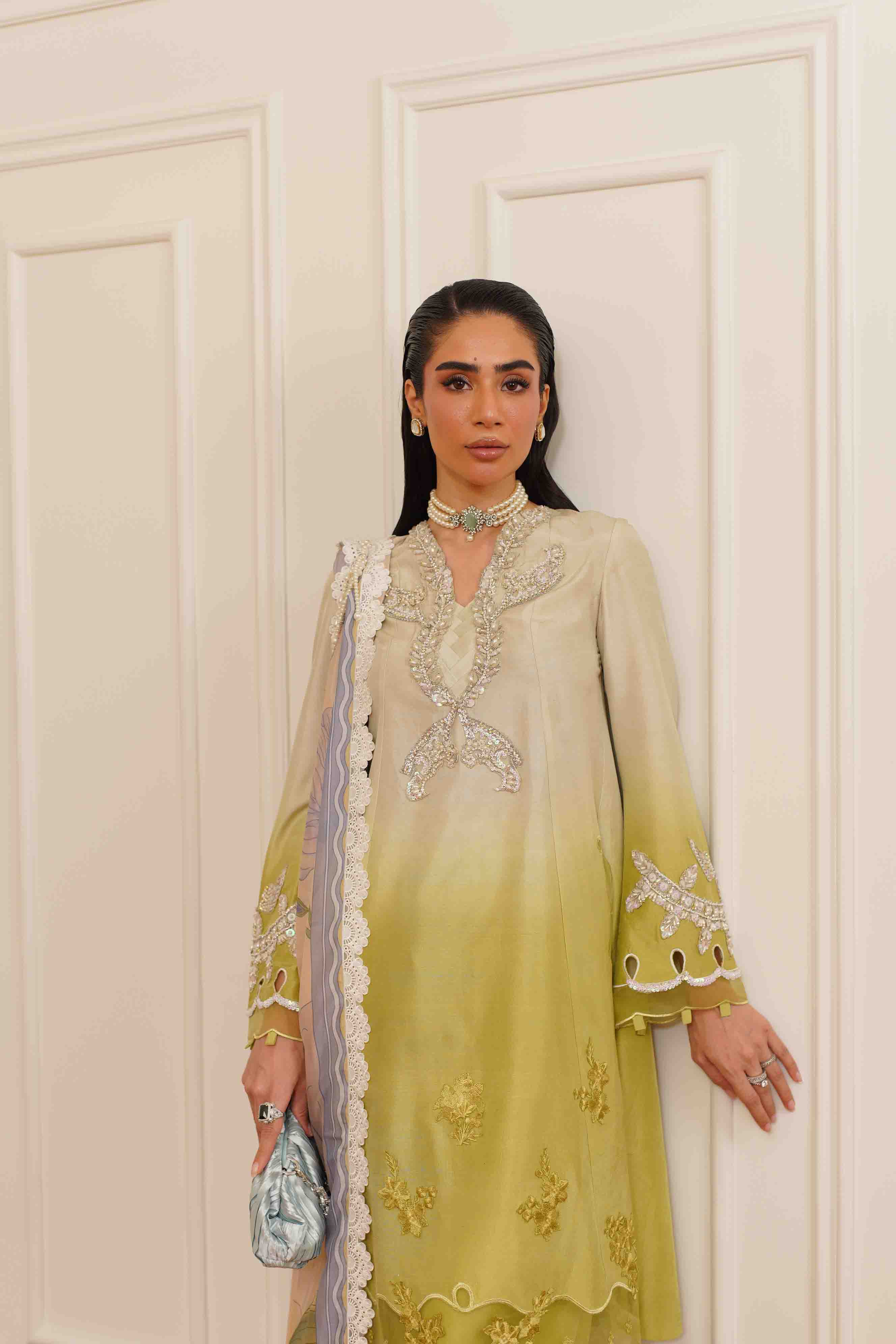 Pakistani Olive Green Ombré Embroidered Silk Salwar Kameez (3-Piece) - Image 3