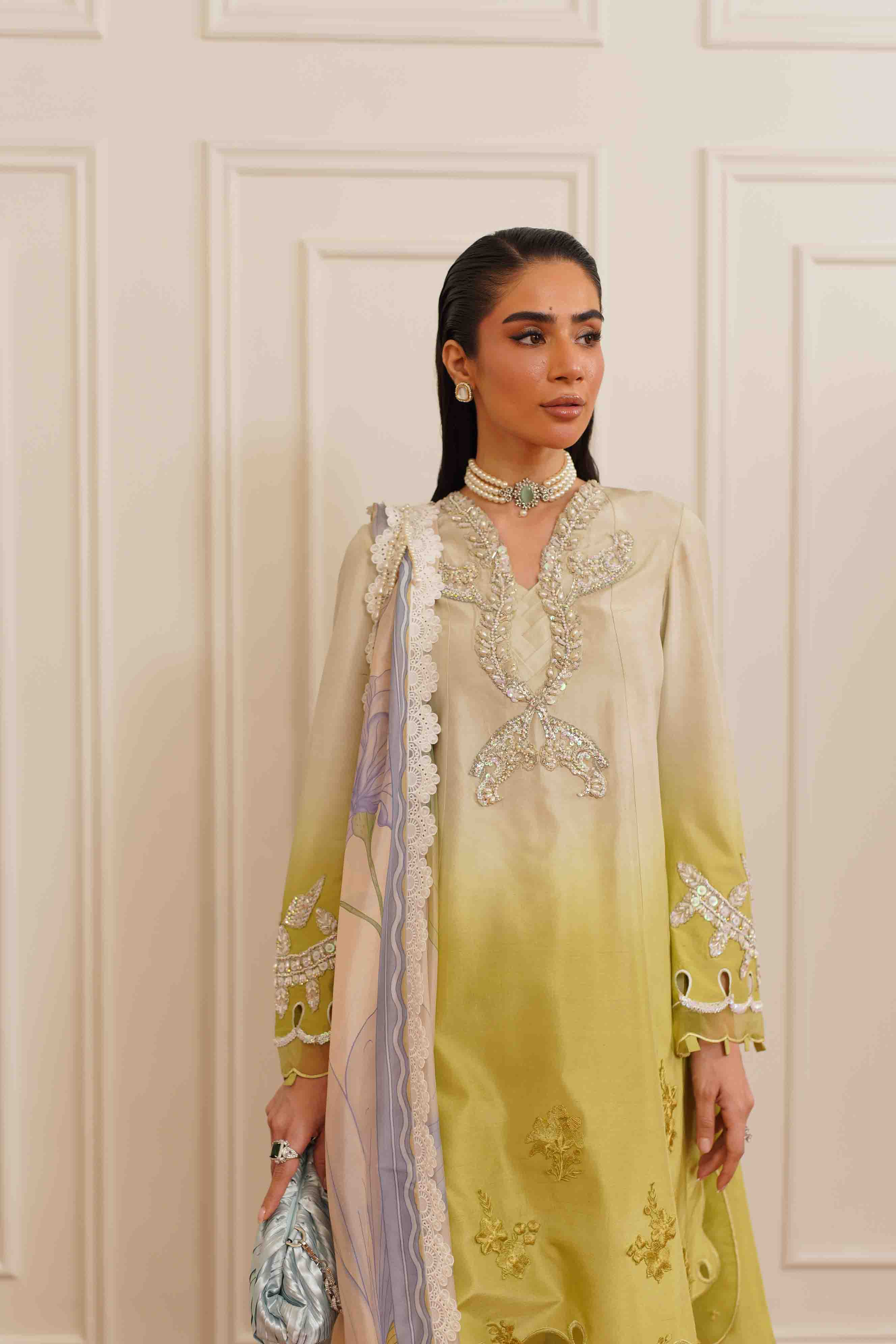 Pakistani Olive Green Ombré Embroidered Silk Salwar Kameez (3-Piece) - Image 4