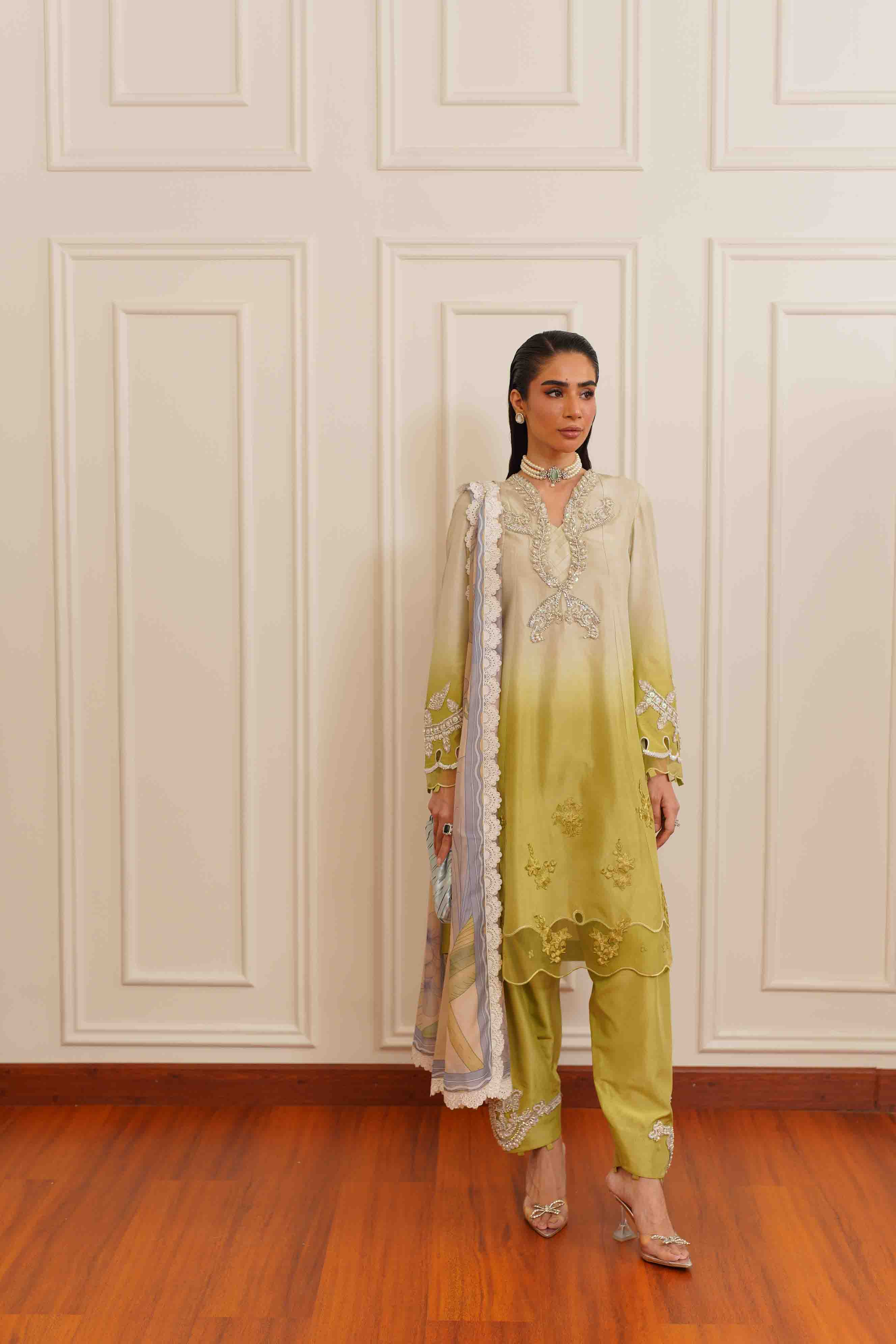 Pakistani Olive Green Ombré Embroidered Silk Salwar Kameez (3-Piece) - Image 5