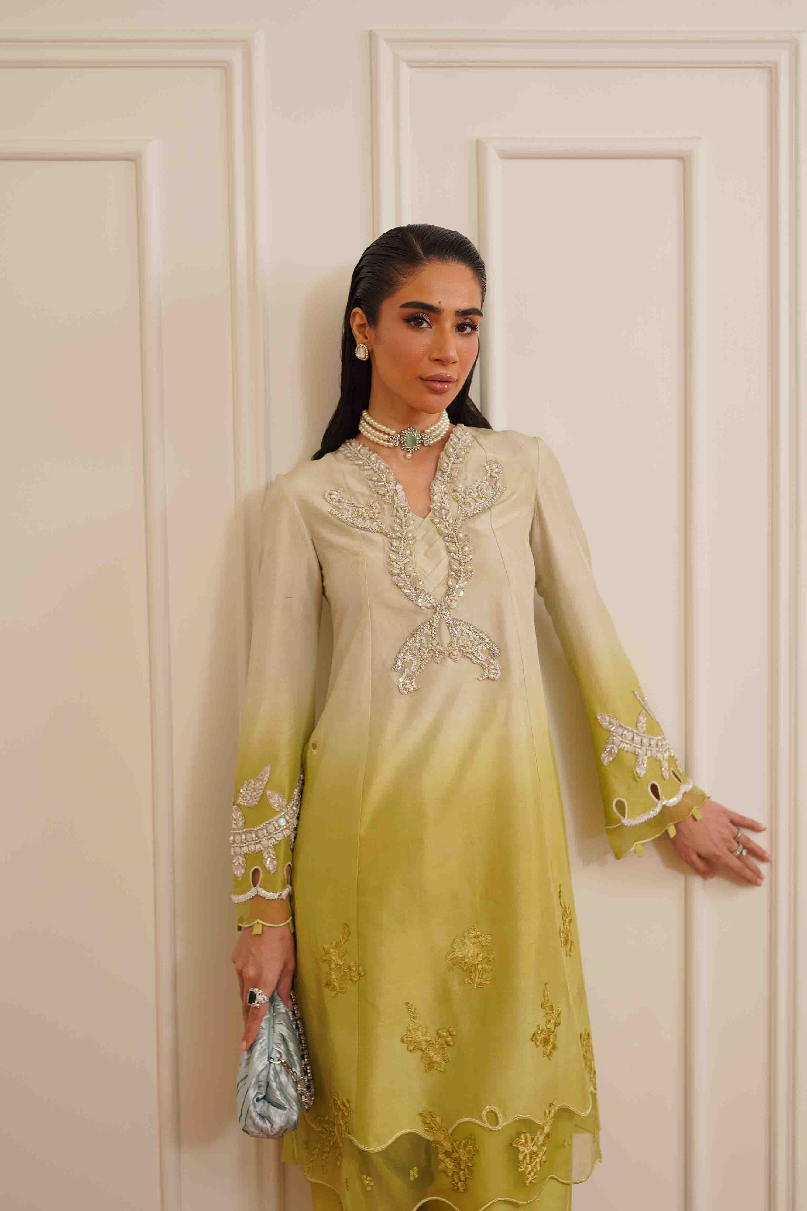 Pakistani Olive Green Ombré Embroidered Silk Salwar Kameez (3-Piece) - Image 6