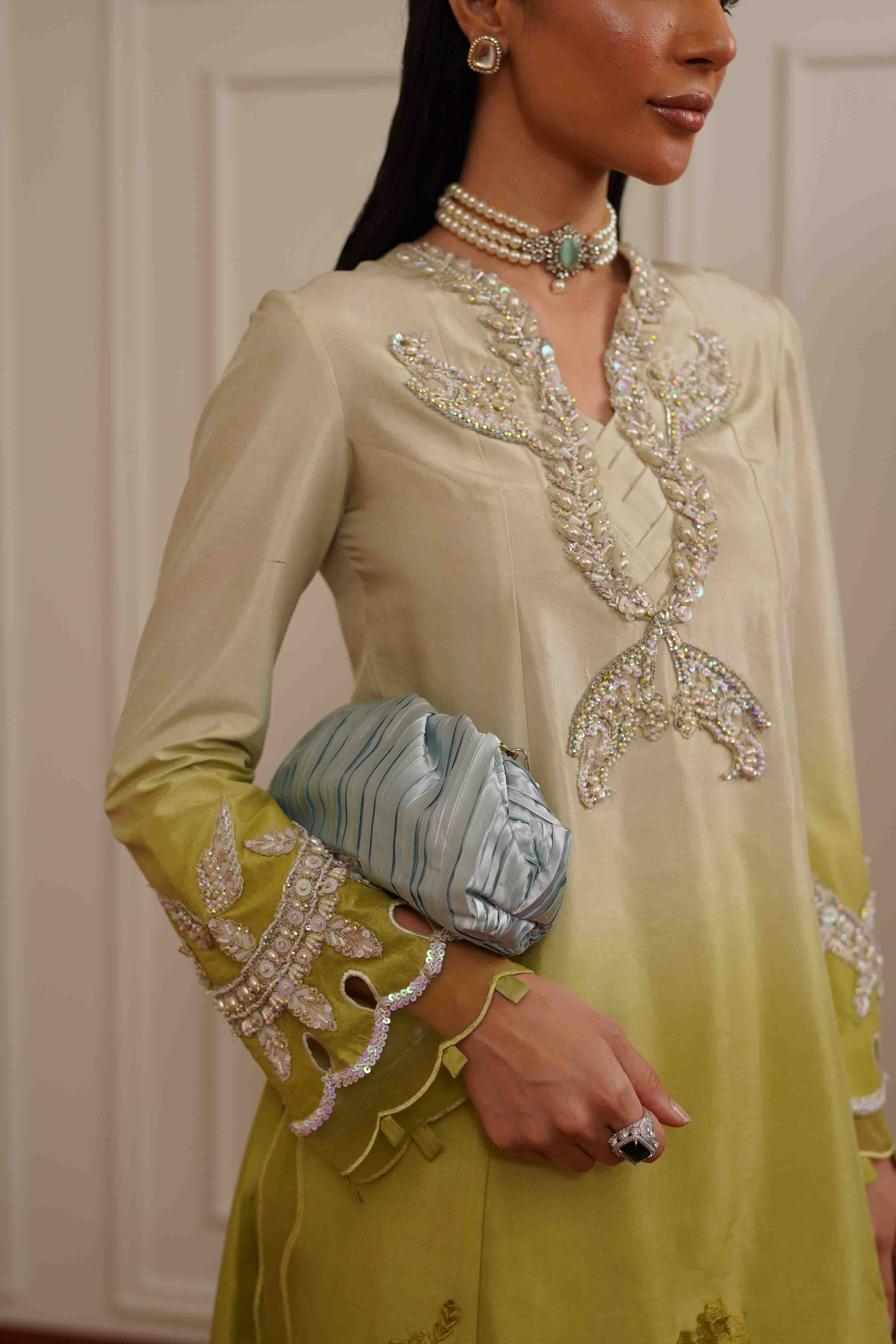 Pakistani Olive Green Ombré Embroidered Silk Salwar Kameez (3-Piece) - Image 7