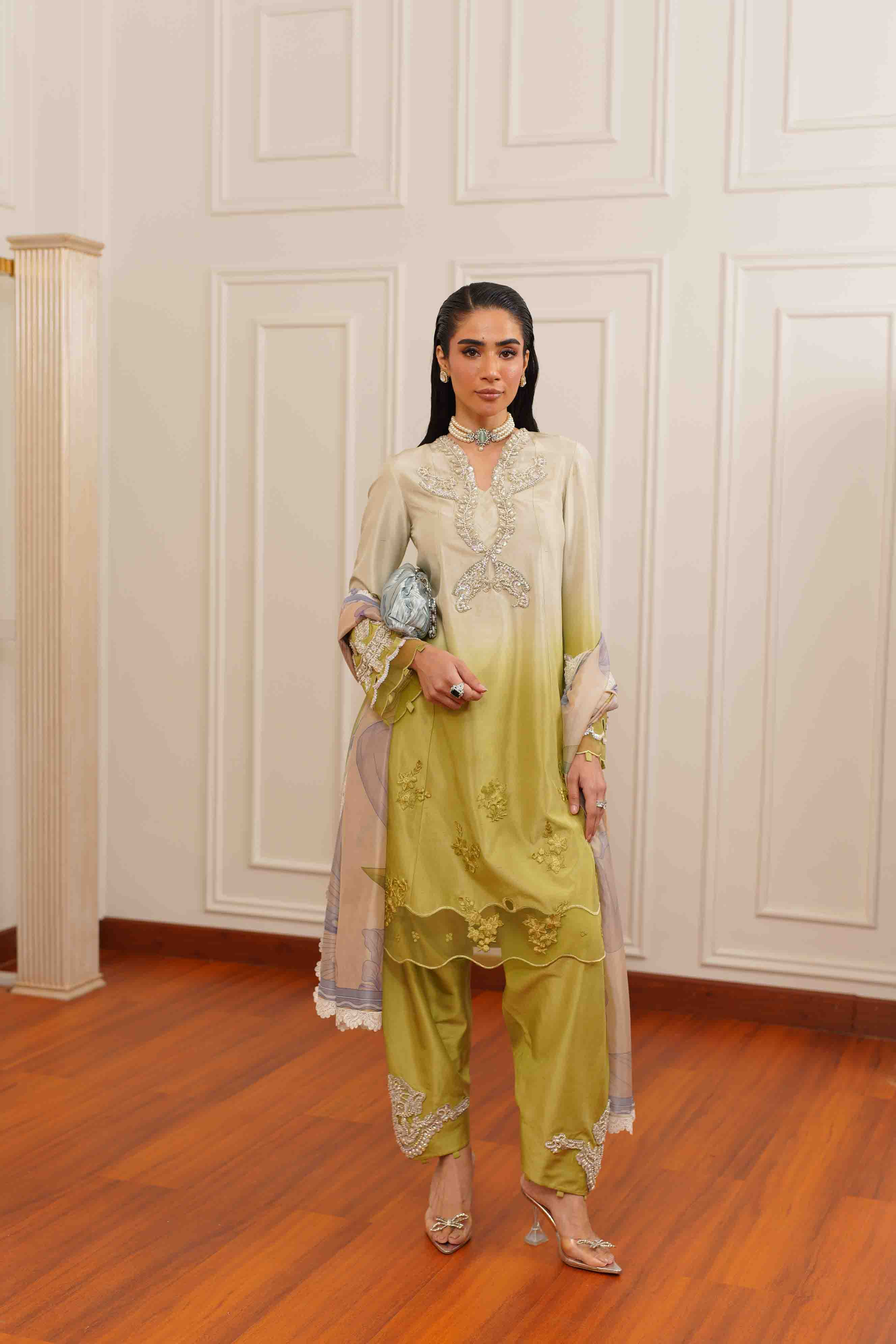 Pakistani Olive Green Ombré Embroidered Silk Salwar Kameez (3-Piece) - Image 8