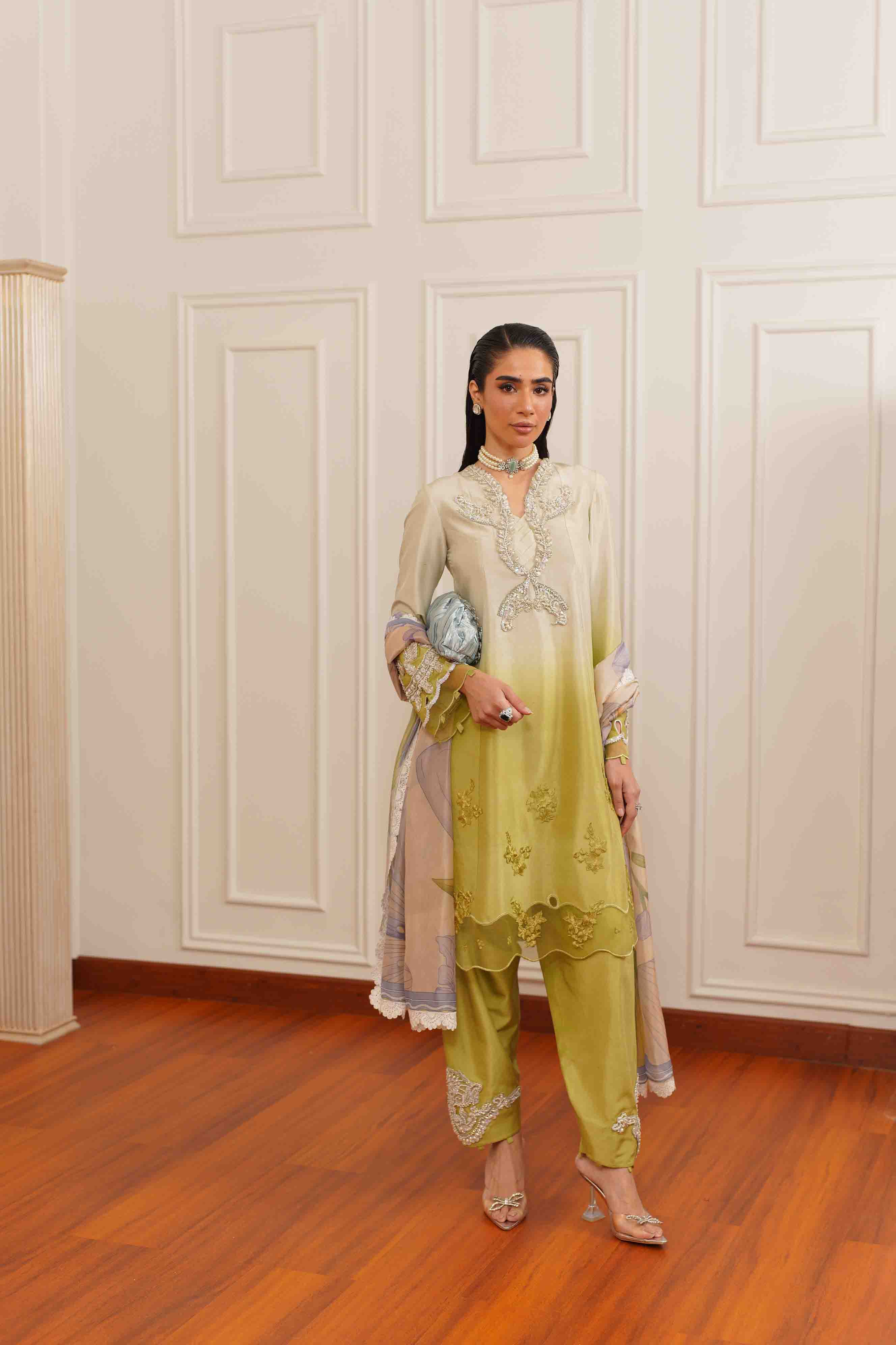 Pakistani Olive Green Ombré Embroidered Silk Salwar Kameez (3-Piece) - Image 9