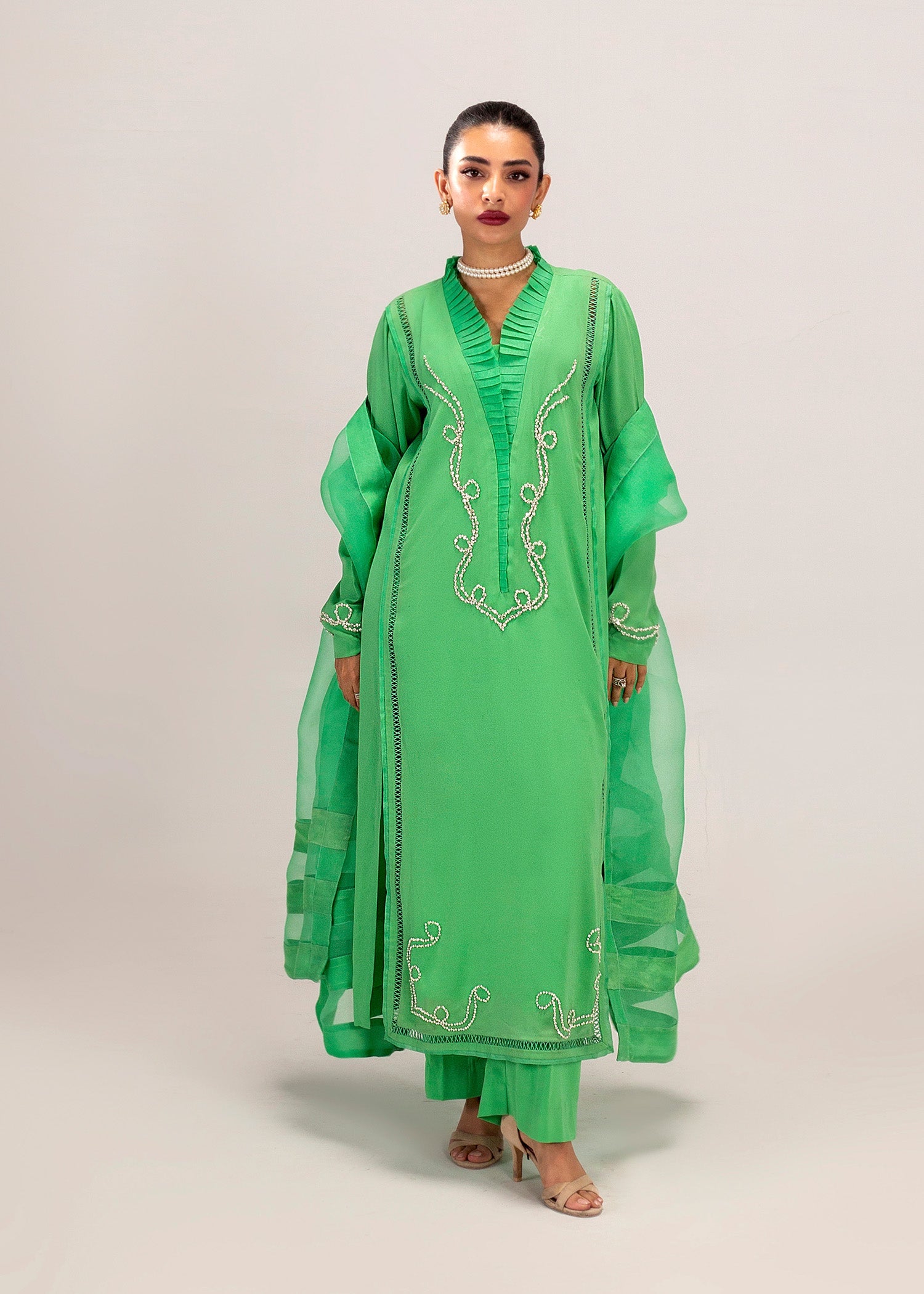 Pakistani Neon Green Embroidered Silk Kurta Set (3-Piece) - Image 1