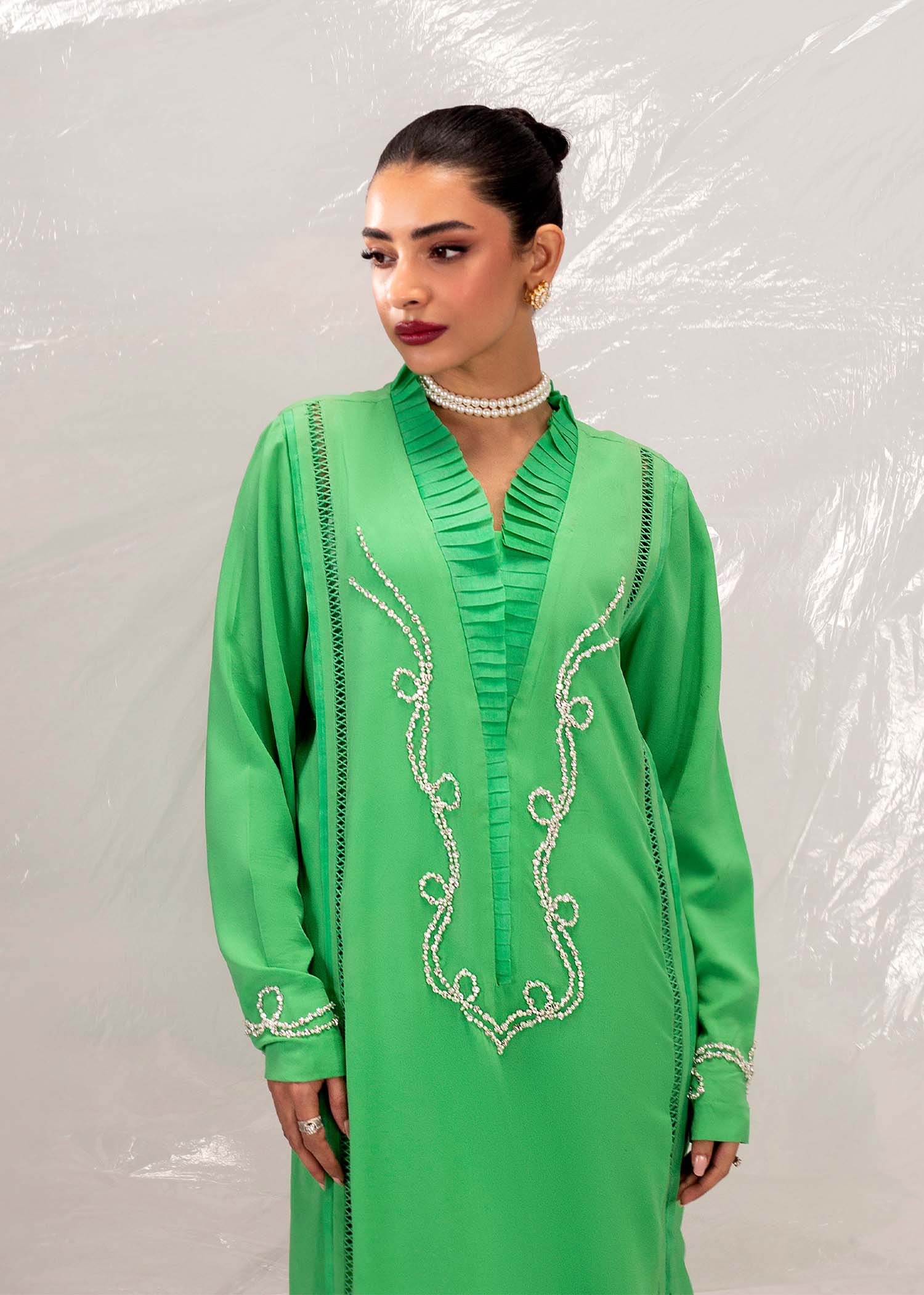 Pakistani Neon Green Embroidered Silk Kurta Set (3-Piece) - Image 2