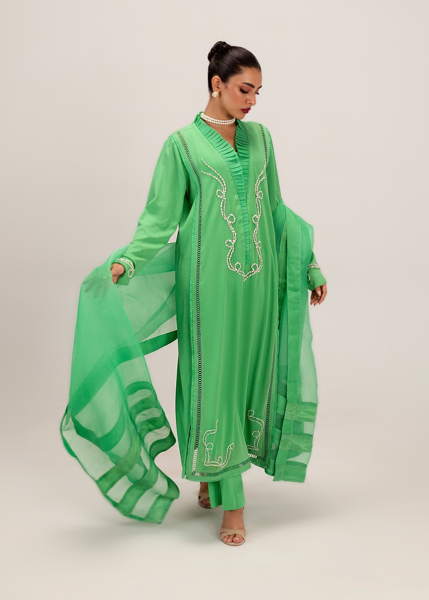 Pakistani Neon Green Embroidered Silk Kurta Set (3-Piece) - Image 3