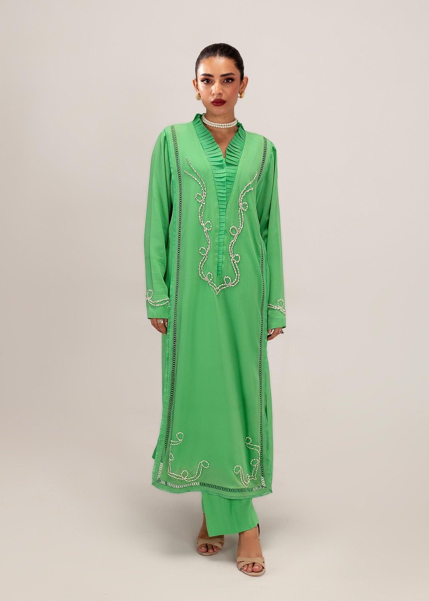 Pakistani Neon Green Embroidered Silk Kurta Set (3-Piece) - Image 4