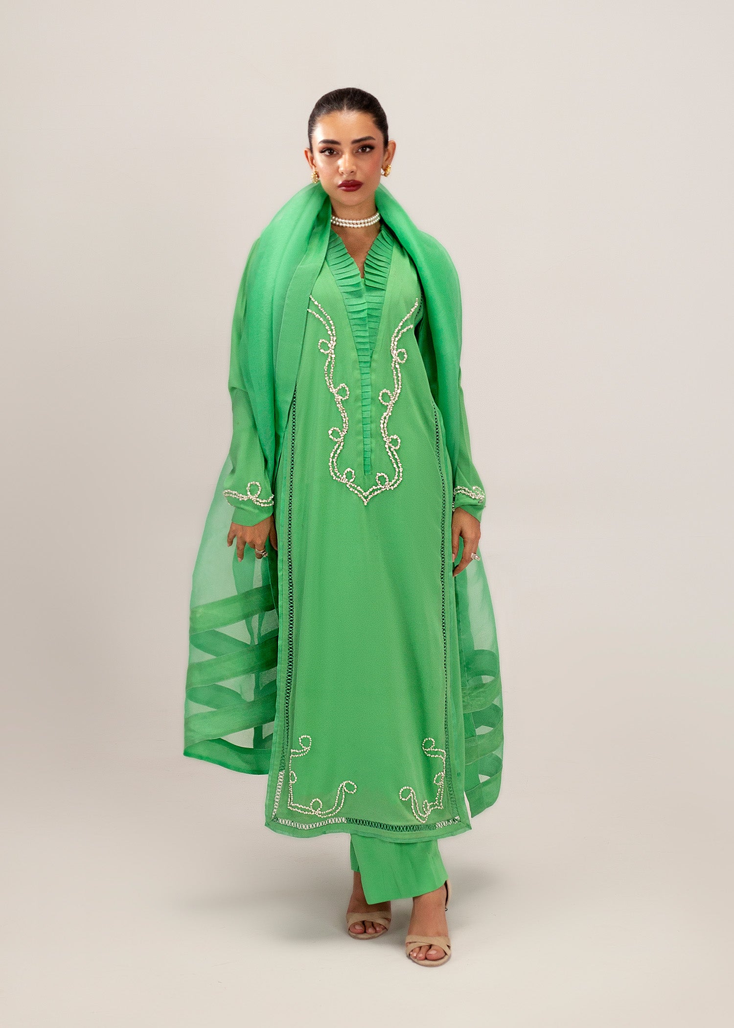 Pakistani Neon Green Embroidered Silk Kurta Set (3-Piece) - Image 5