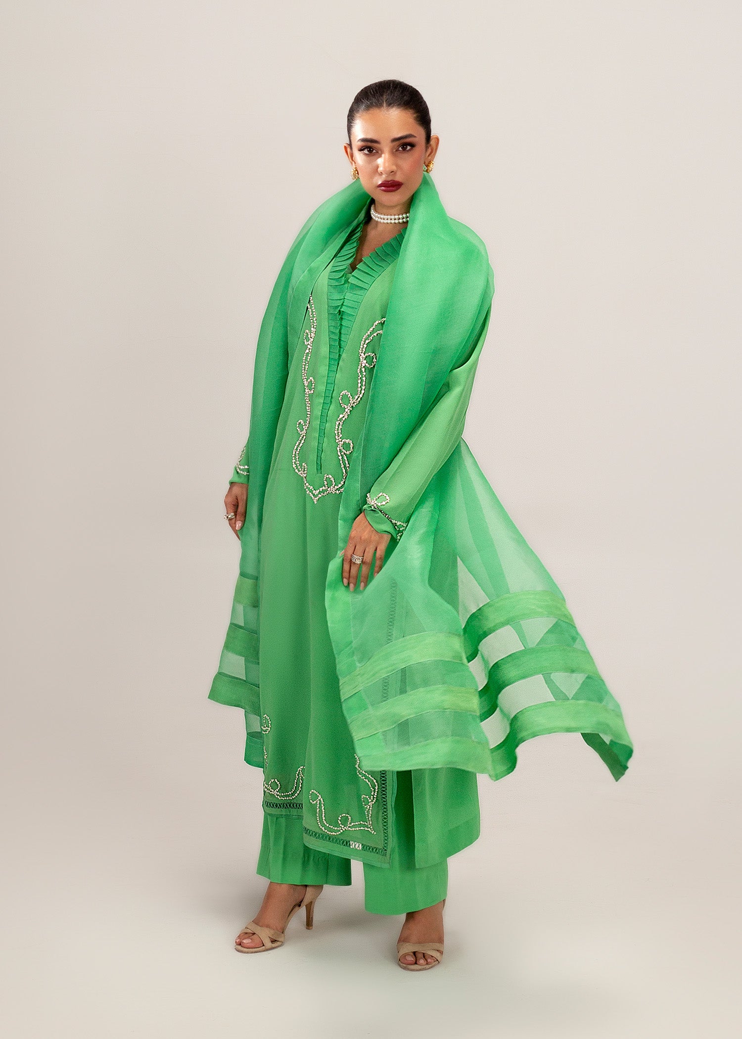 Pakistani Neon Green Embroidered Silk Kurta Set (3-Piece) - Image 6
