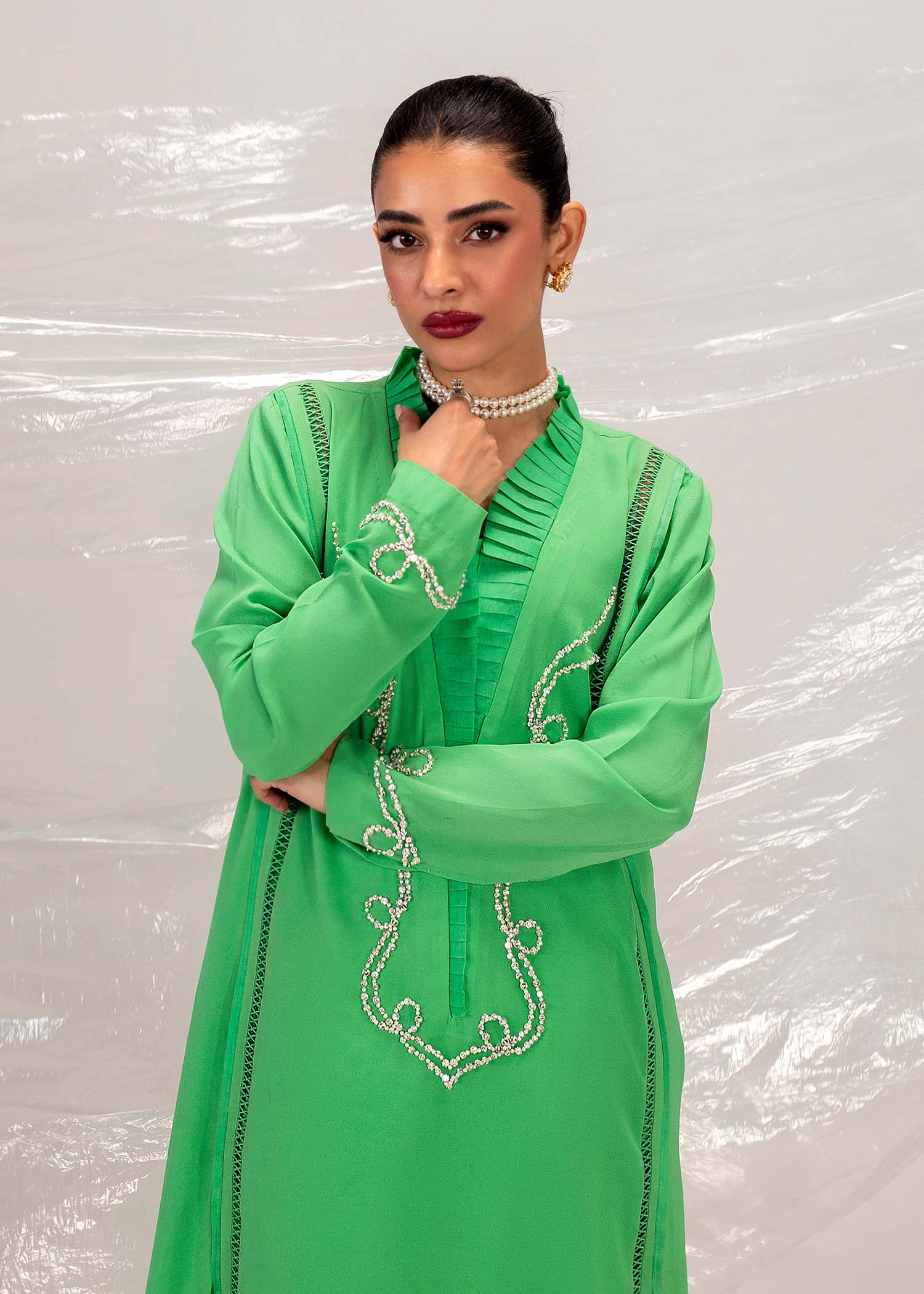 Pakistani Neon Green Embroidered Silk Kurta Set (3-Piece) - Image 7