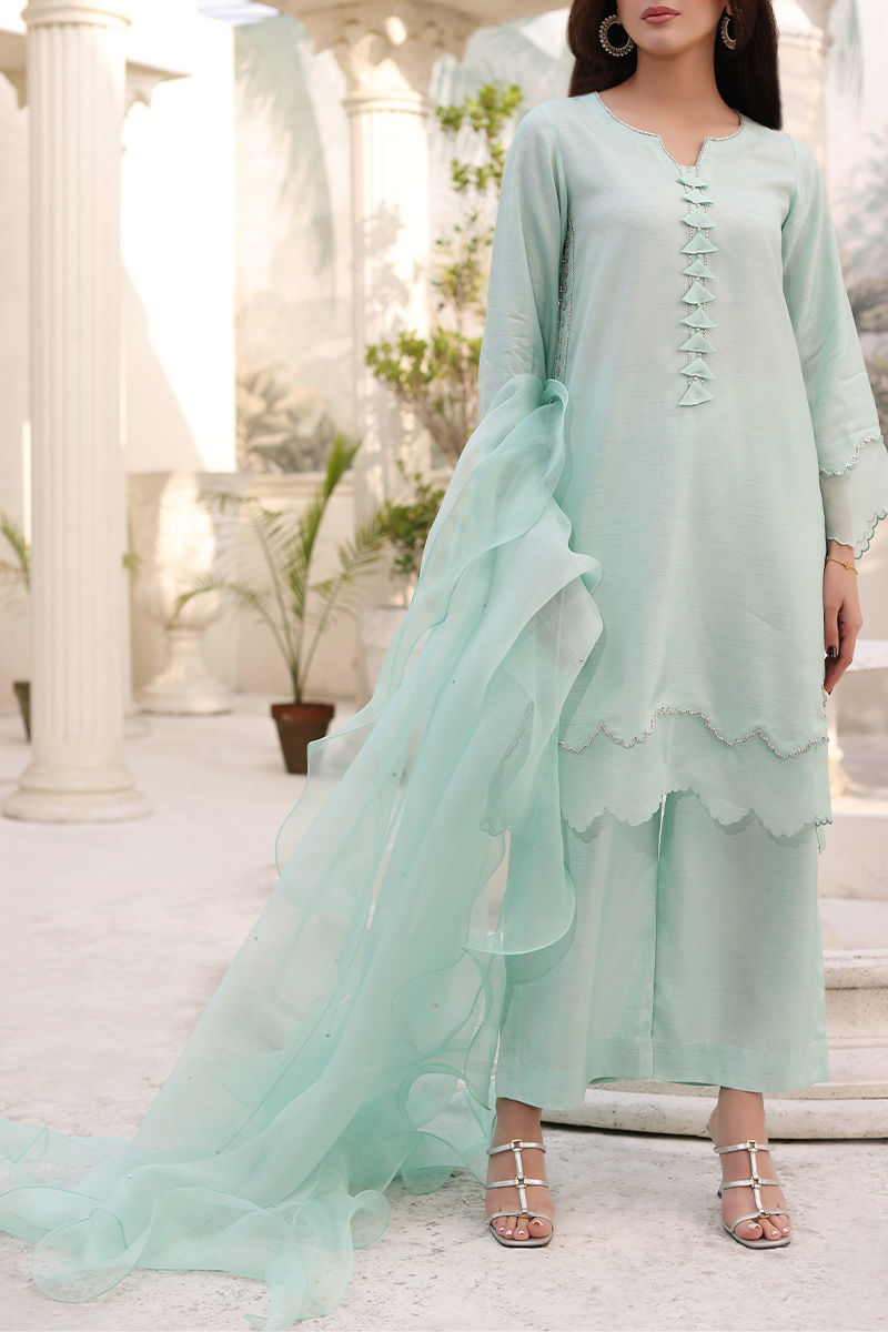 Pakistani Mint Green Embellished Silk Salwar Kameez (3-Piece) - Image 1