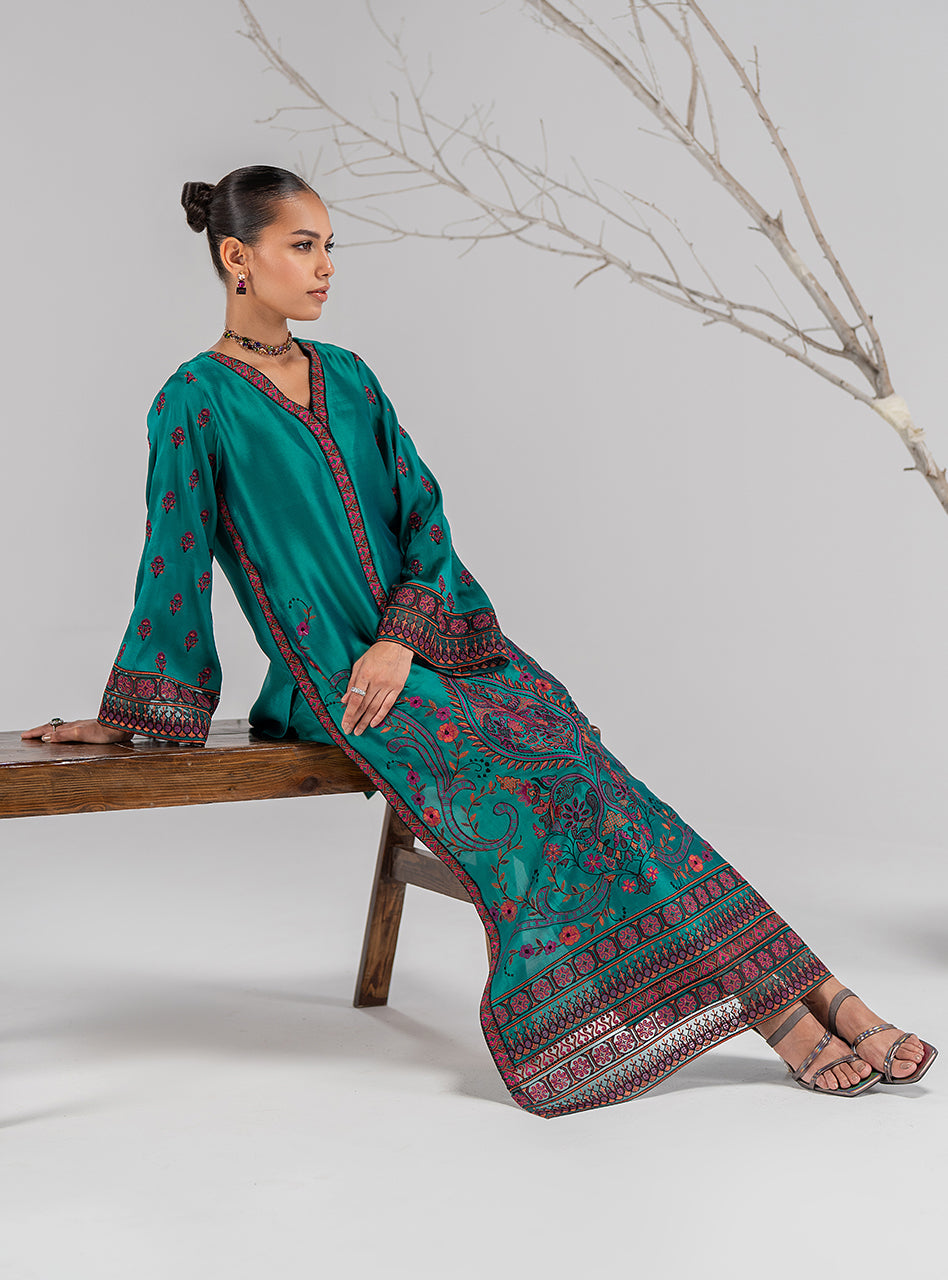 Emerald Green Embroidered Silk Salwar Kameez (3-Piece) - Image 6