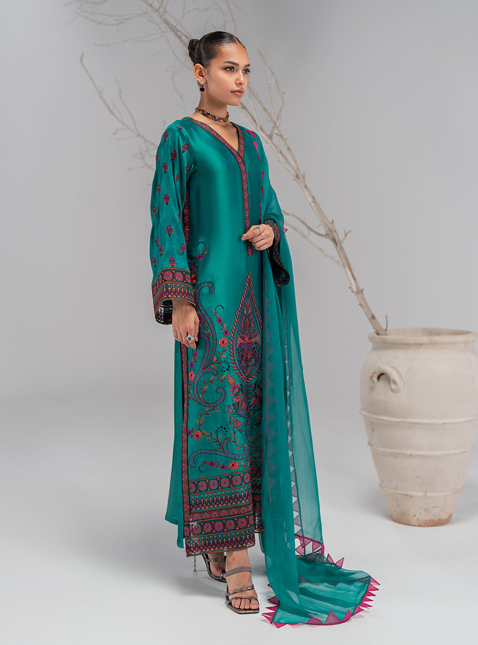 Emerald Green Embroidered Silk Salwar Kameez (3-Piece) - Image 7