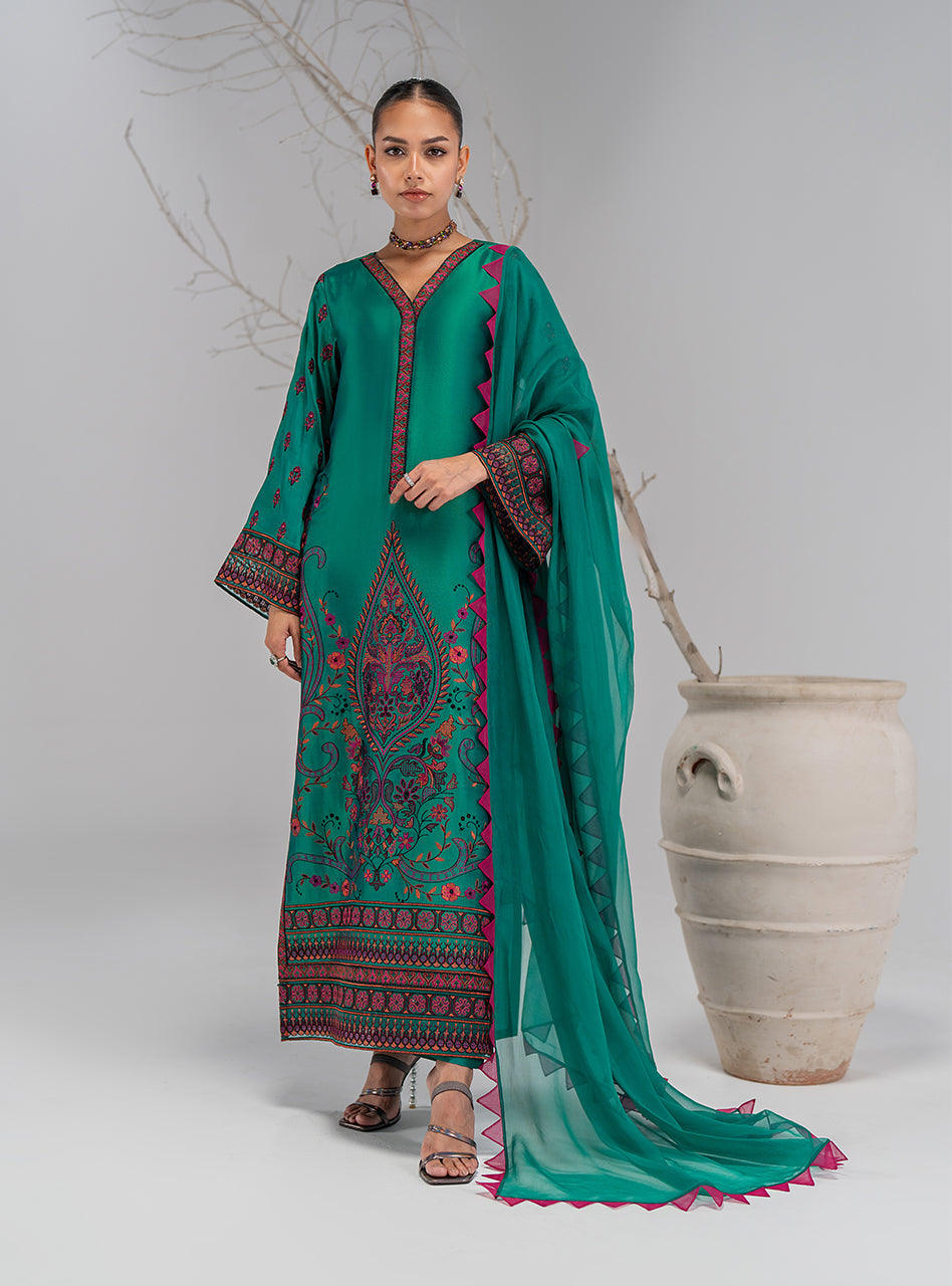 Pakistani Emerald Green Embroidered Silk Salwar Kameez (3-Piece) - Image 1
