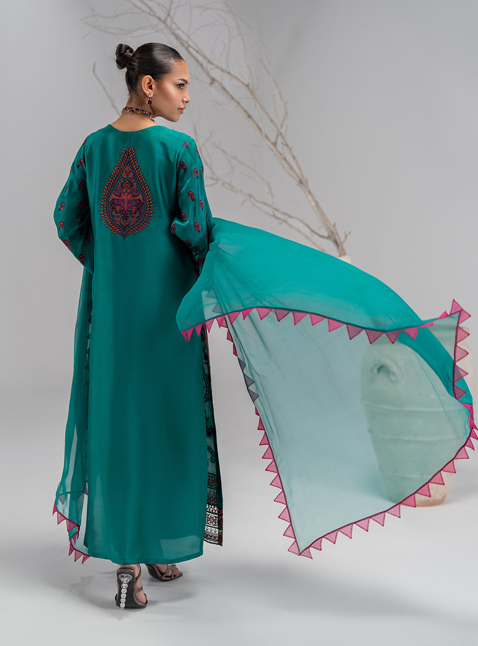 Pakistani Emerald Green Embroidered Silk Salwar Kameez (3-Piece) - Image 3