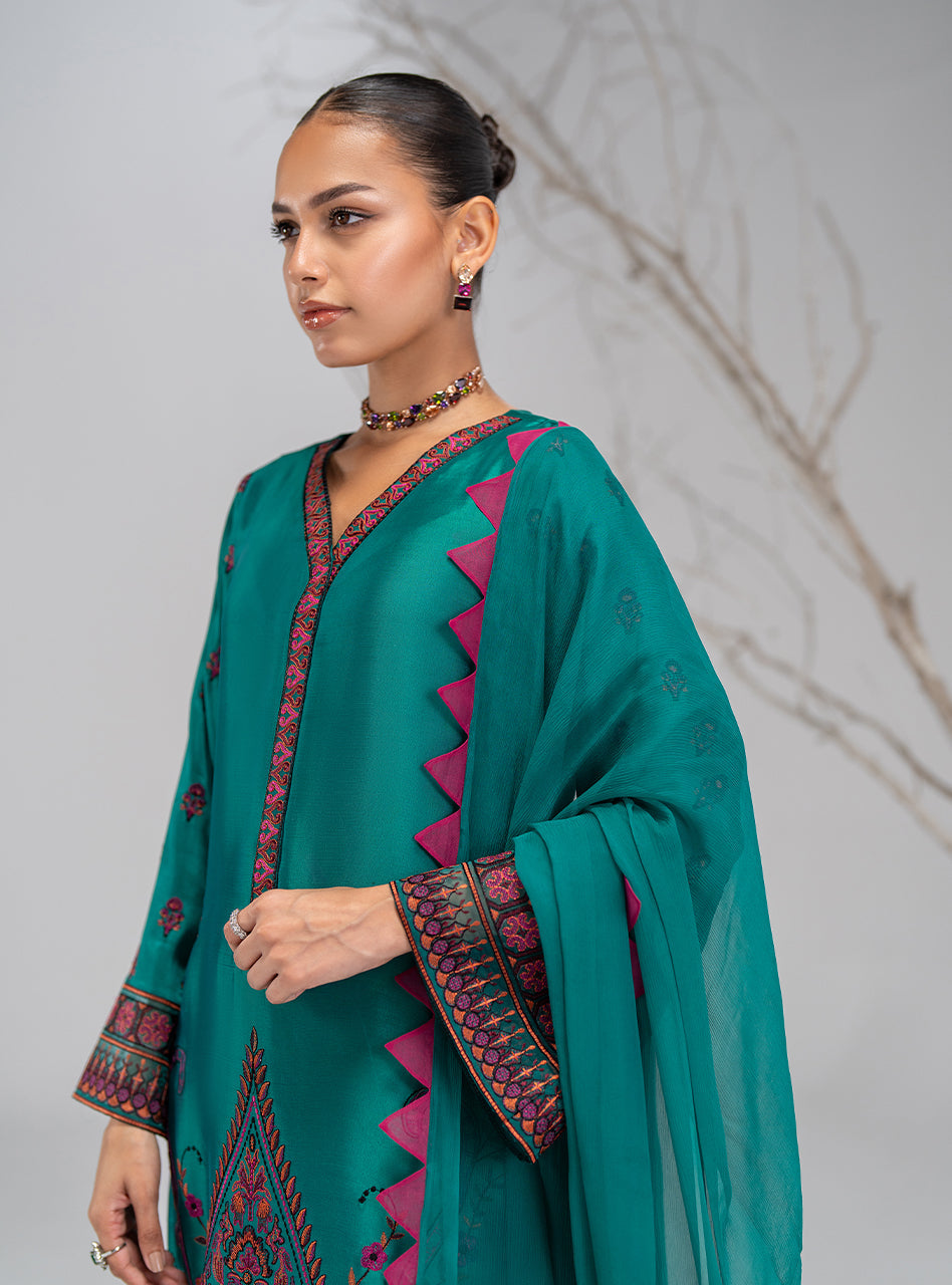 Pakistani Emerald Green Embroidered Silk Salwar Kameez (3-Piece) - Image 5